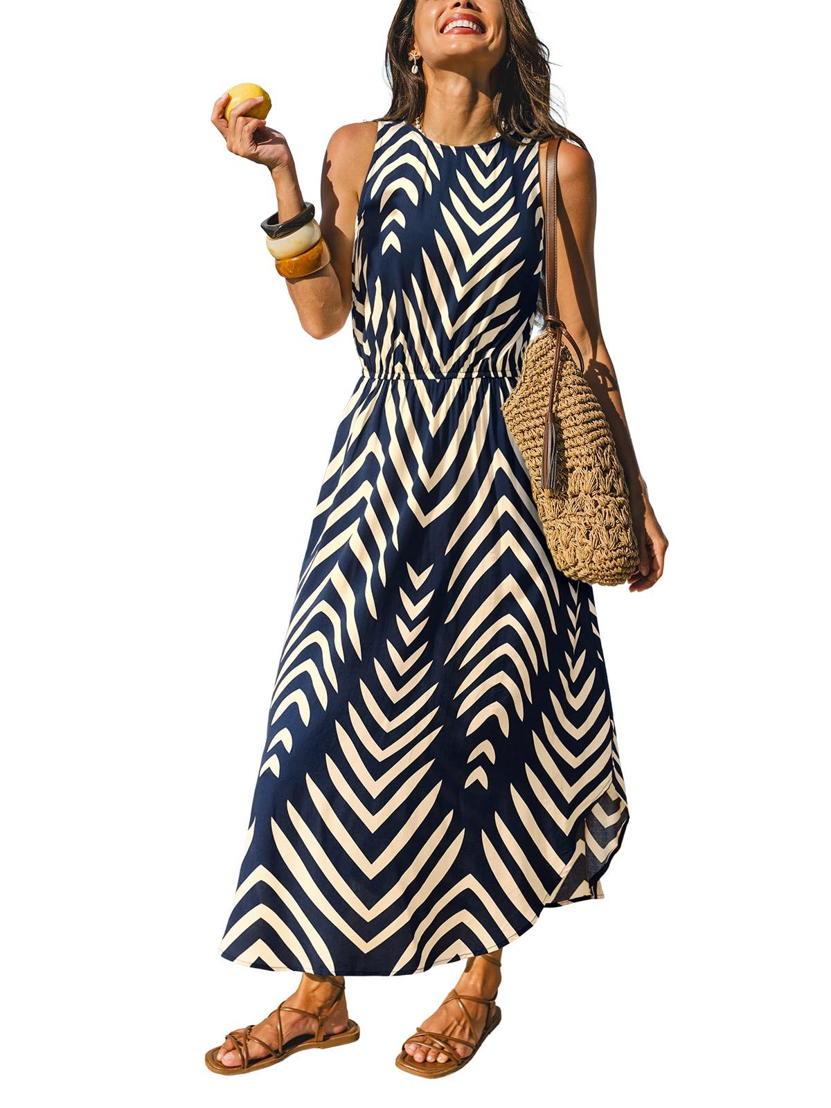CUPSHE Women Knit Summer Dress Cover Up Crew Neck Elastic Waist Side Slit Midi Casual Sundress Beach Cover Up Dresses thumbnail