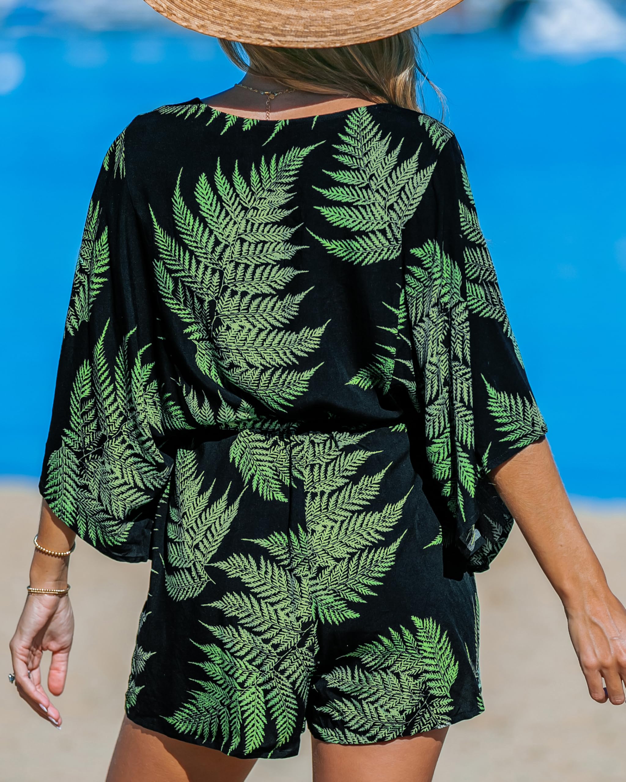 CUPSHE Women's Tropical Print Romper V-Neck Tie Waist Short Sleeve | Flowy Sleeves, Chic Style, Lightweight Breezy Fabric, Boho Beach Vacation Look, Poolside Party, Resort Wear