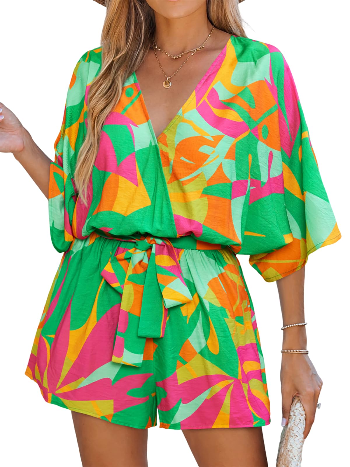 CUPSHE Women's Tropical Print Romper V-Neck Tie Waist Short Sleeve | Flowy Sleeves, Chic Style, Lightweight Breezy Fabric, Boho Beach Vacation Look, Poolside Party, Resort Wear thumbnail