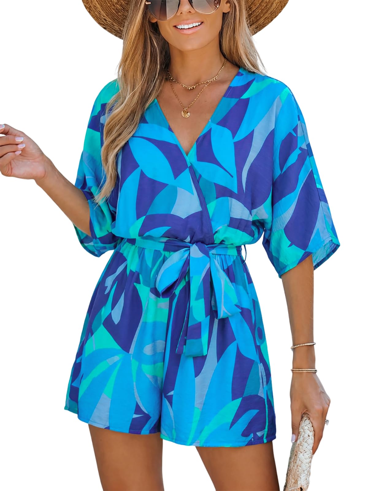 CUPSHE Women's Tropical Print Romper V-Neck Tie Waist Short Sleeve | Flowy Sleeves, Chic Style, Lightweight Breezy Fabric, Boho Beach Vacation Look, Poolside Party, Resort Wear thumbnail