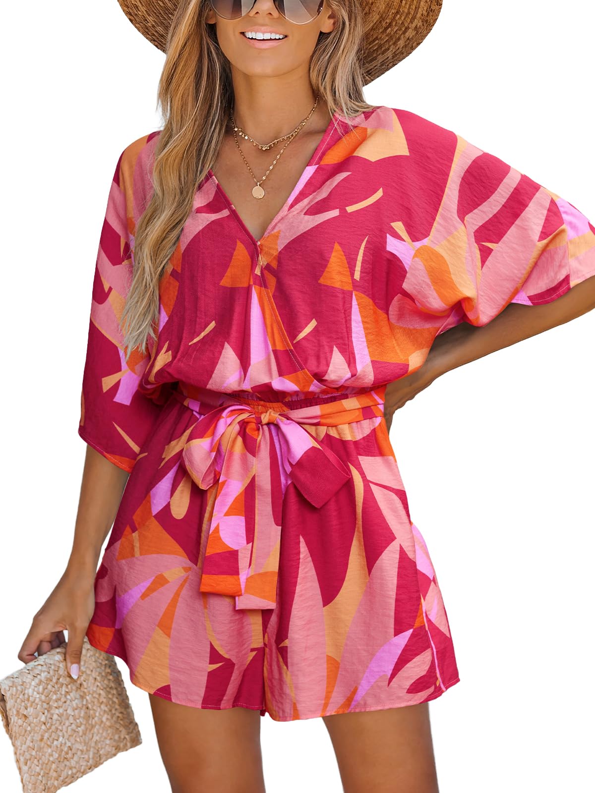 CUPSHE Women's Tropical Print Romper V-Neck Tie Waist Short Sleeve | Flowy Sleeves, Chic Style, Lightweight Breezy Fabric, Boho Beach Vacation Look, Poolside Party, Resort Wear thumbnail