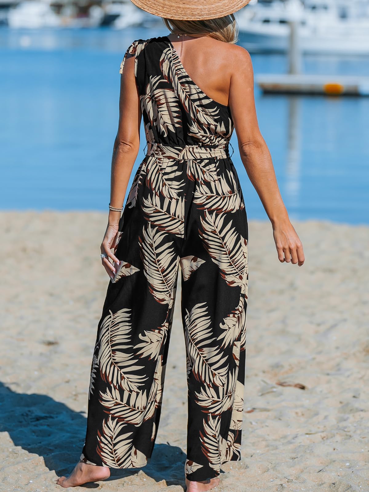 CUPSHE Women's One Shoulder Jumpsuits Floral Wide Leg Pants | Sleeveless Dressy Casual Jumper, 2026 One Piece Trendy Travel Outfits Pockets, Adjustable Tie Front, Loose Fit Overalls thumbnail