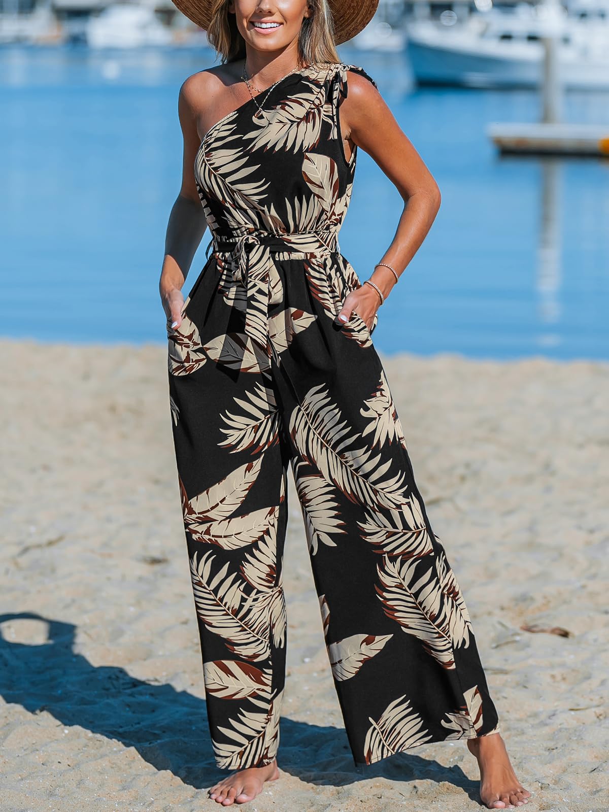 CUPSHE Women's One Shoulder Jumpsuits Floral Wide Leg Pants | Sleeveless Dressy Casual Jumper, 2026 One Piece Trendy Travel Outfits Pockets, Adjustable Tie Front, Loose Fit Overalls thumbnail