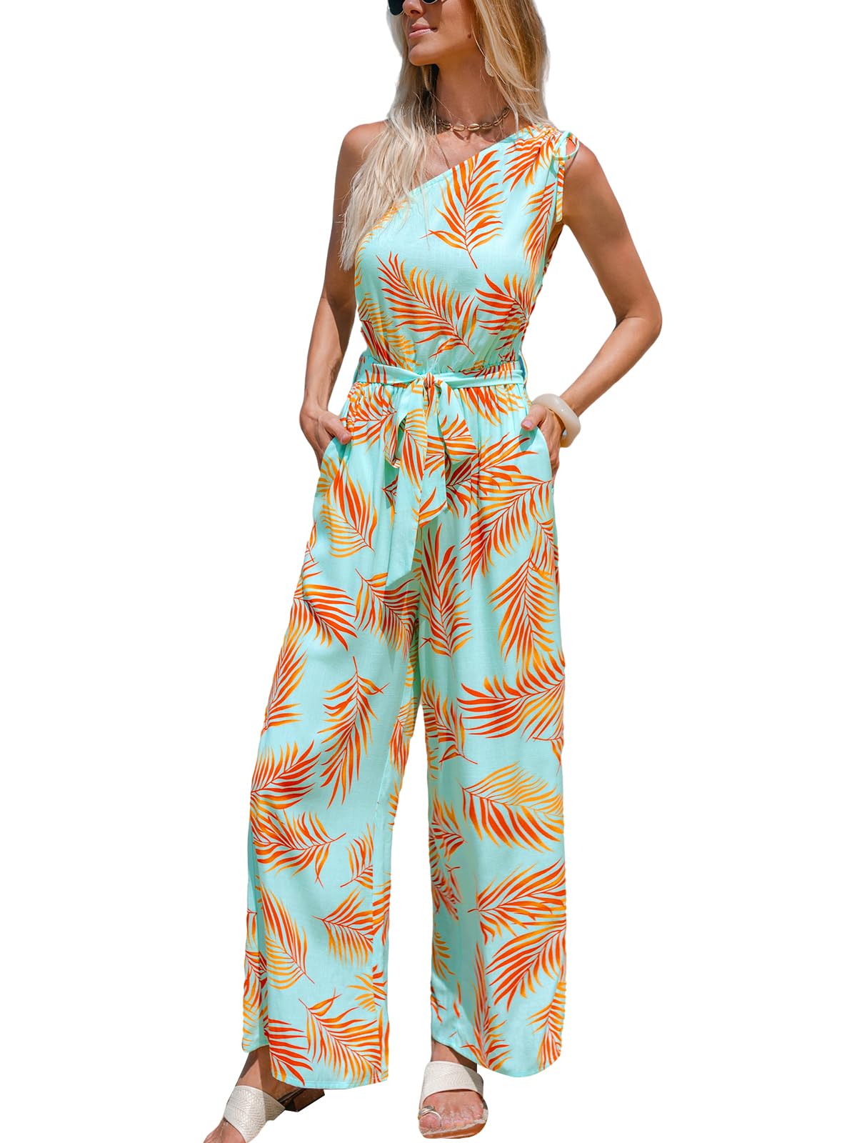 CUPSHE Women's One Shoulder Jumpsuits Floral Wide Leg Pants | Sleeveless Dressy Casual Jumper, 2026 One Piece Trendy Travel Outfits Pockets, Adjustable Tie Front, Loose Fit Overalls thumbnail