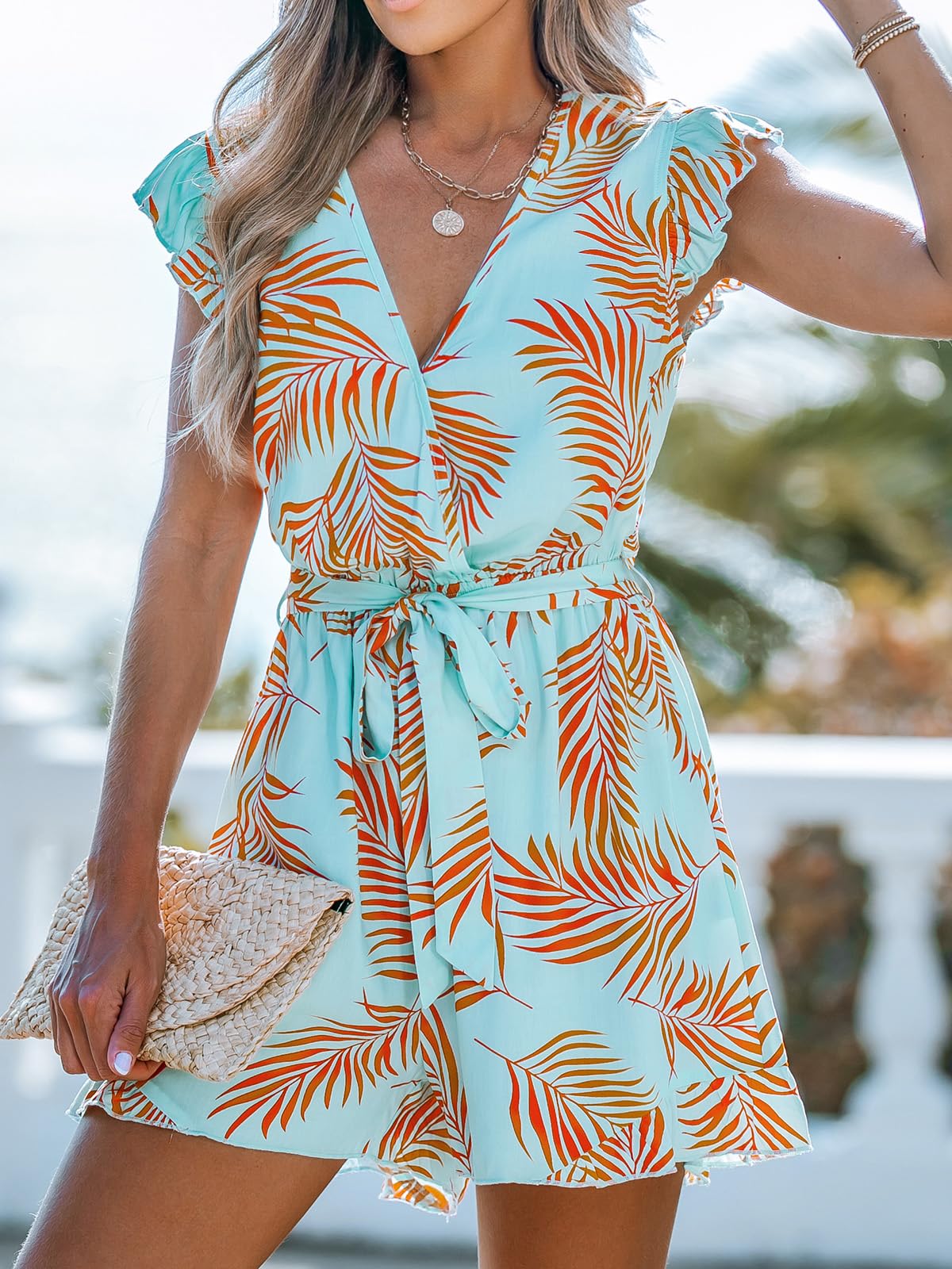 CUPSHE Women's Romper Tropical Flutter Sleeve Boho Overall V Neck Wide Leg Outfit Casual Beach thumbnail