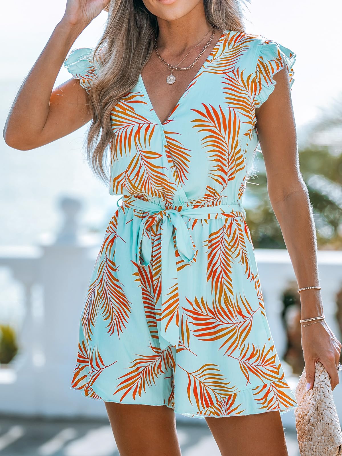 CUPSHE Women's Romper Tropical Flutter Sleeve Boho Overall V Neck Wide Leg Outfit Casual Beach thumbnail