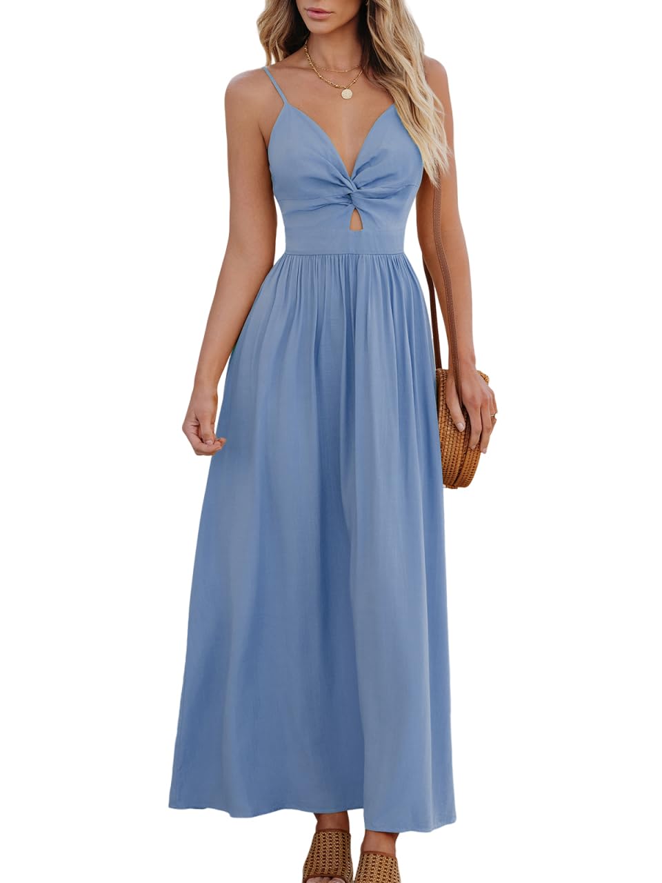 CUPSHE Women Casual Dress Beach Sleeveless V Neck Summer Cutout Spaghetti Straps Formal Maxi Sun Dresses