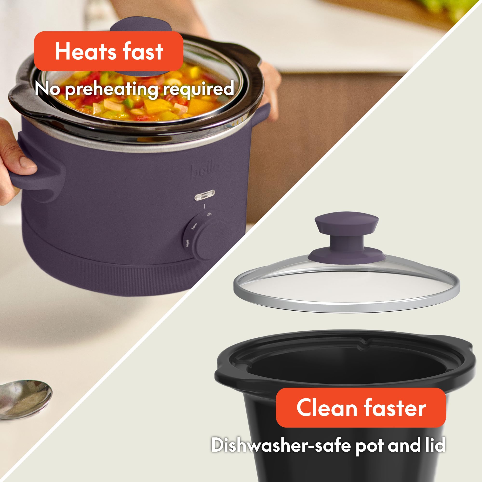 bella 1.5qt Manual Non-Toxic Slow Cooker with 3 Heat Settings, Plum thumbnail