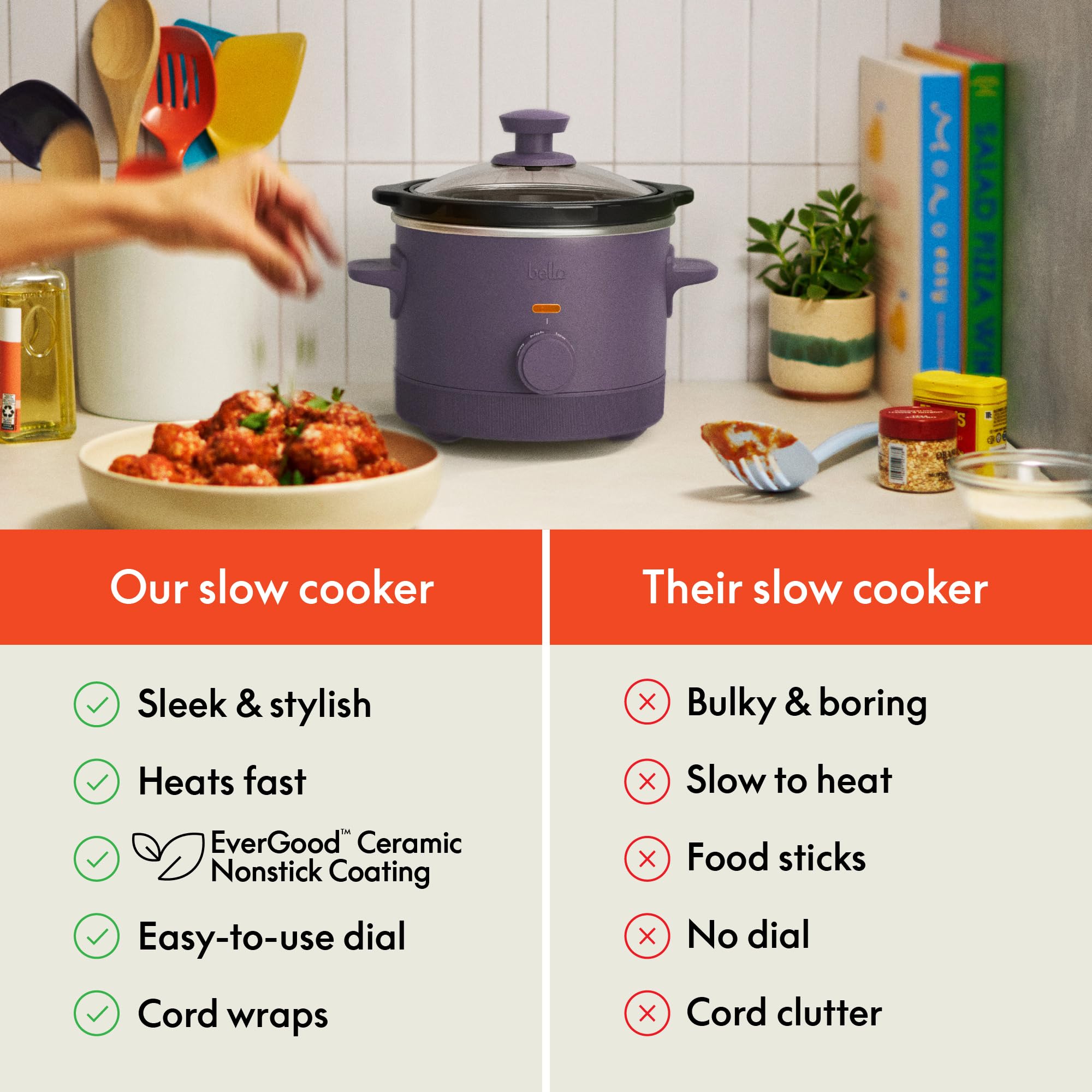 bella 1.5qt Manual Non-Toxic Slow Cooker with 3 Heat Settings, Plum thumbnail