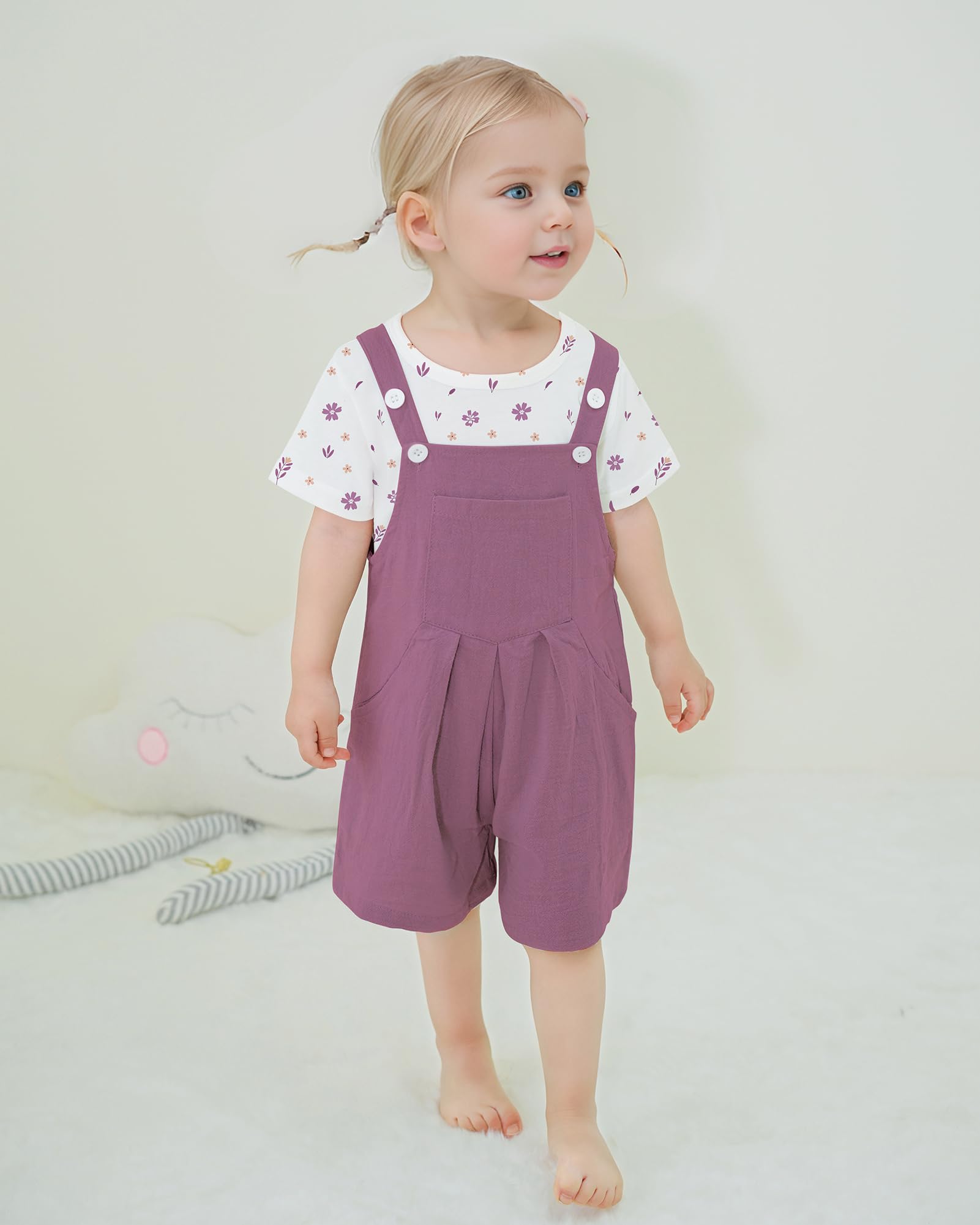 ZOEREA Toddler Girl Clothes, 2Pcs Baby Girl Outfits Spring/Summer Stripe/Floral T-Shirt+Bib Overall Shorts Clothing Set 1-5T thumbnail