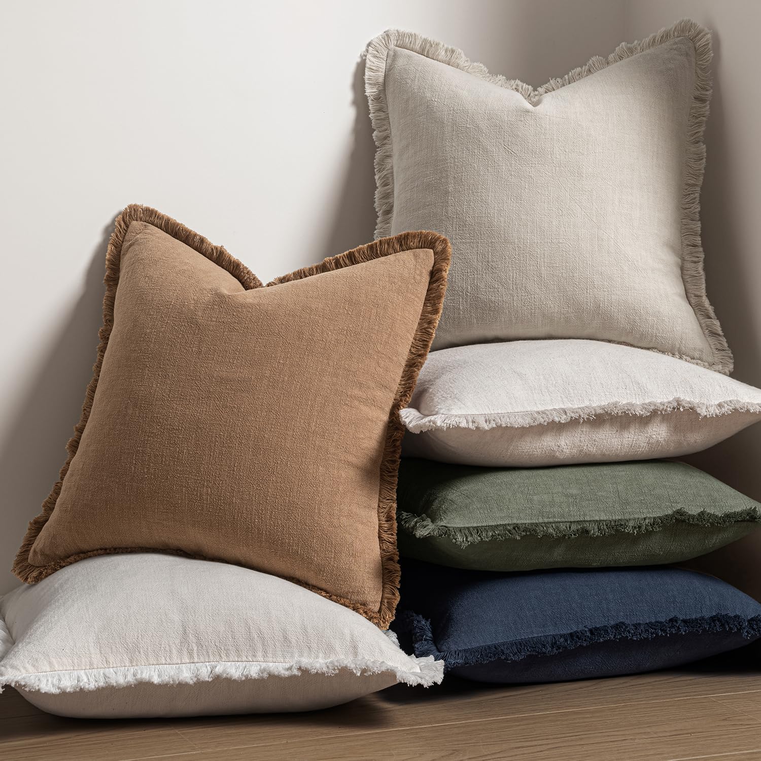 MIULEE Decorative Throw Pillow Covers Neutral Linen Fringe Throw Pillows Set of 2 Natural Beige Boho Farmhouse Cushion Cases with Tassels for Couch Sofa Bed Living Room Spring Decor 18x18 Inch thumbnail