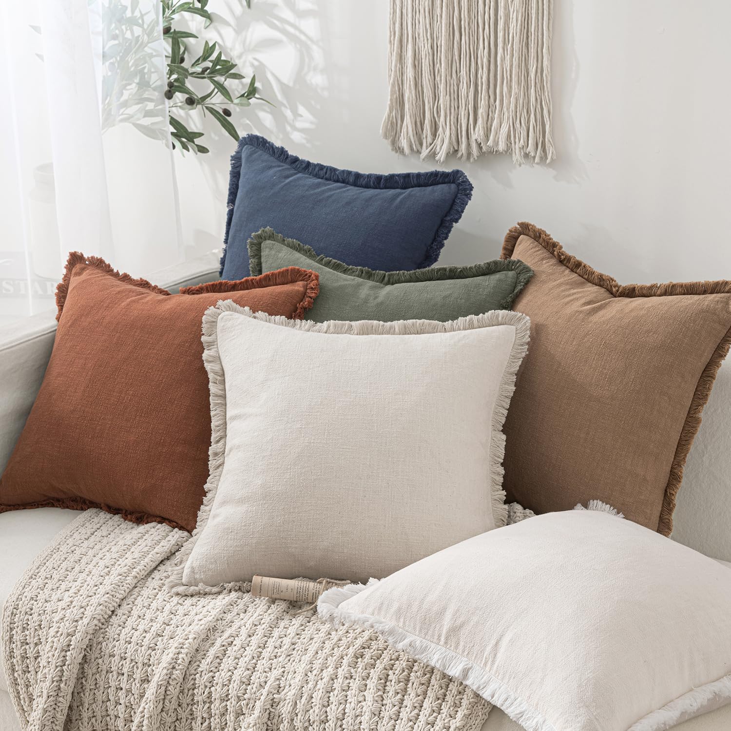 MIULEE Decorative Throw Pillow Covers Neutral Linen Fringe Throw Pillows Set of 2 Natural Beige Boho Farmhouse Cushion Cases with Tassels for Couch Sofa Bed Living Room Spring Decor 18x18 Inch thumbnail