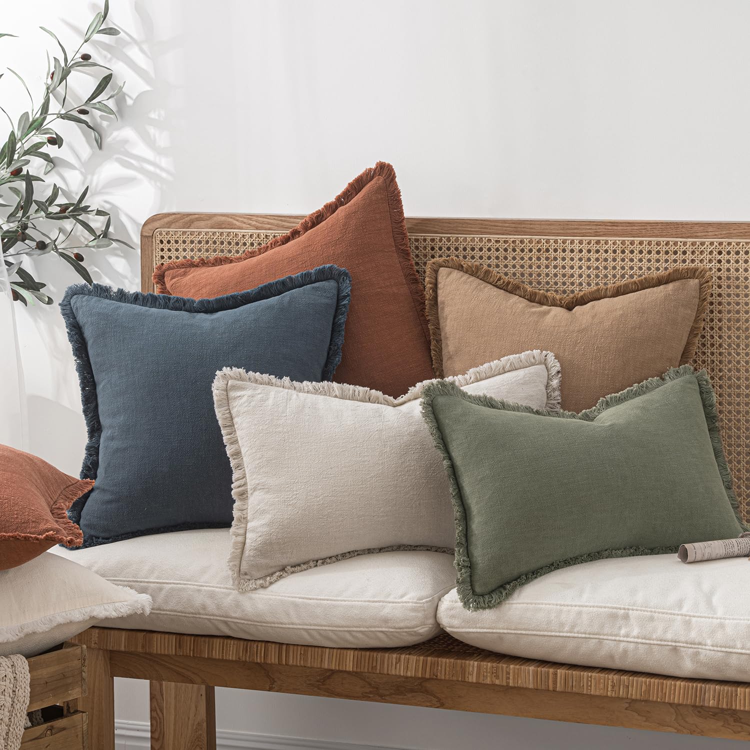 MIULEE Decorative Throw Pillow Covers Neutral Linen Fringe Throw Pillows Set of 2 Natural Beige Boho Farmhouse Cushion Cases with Tassels for Couch Sofa Bed Living Room Spring Decor 18x18 Inch thumbnail
