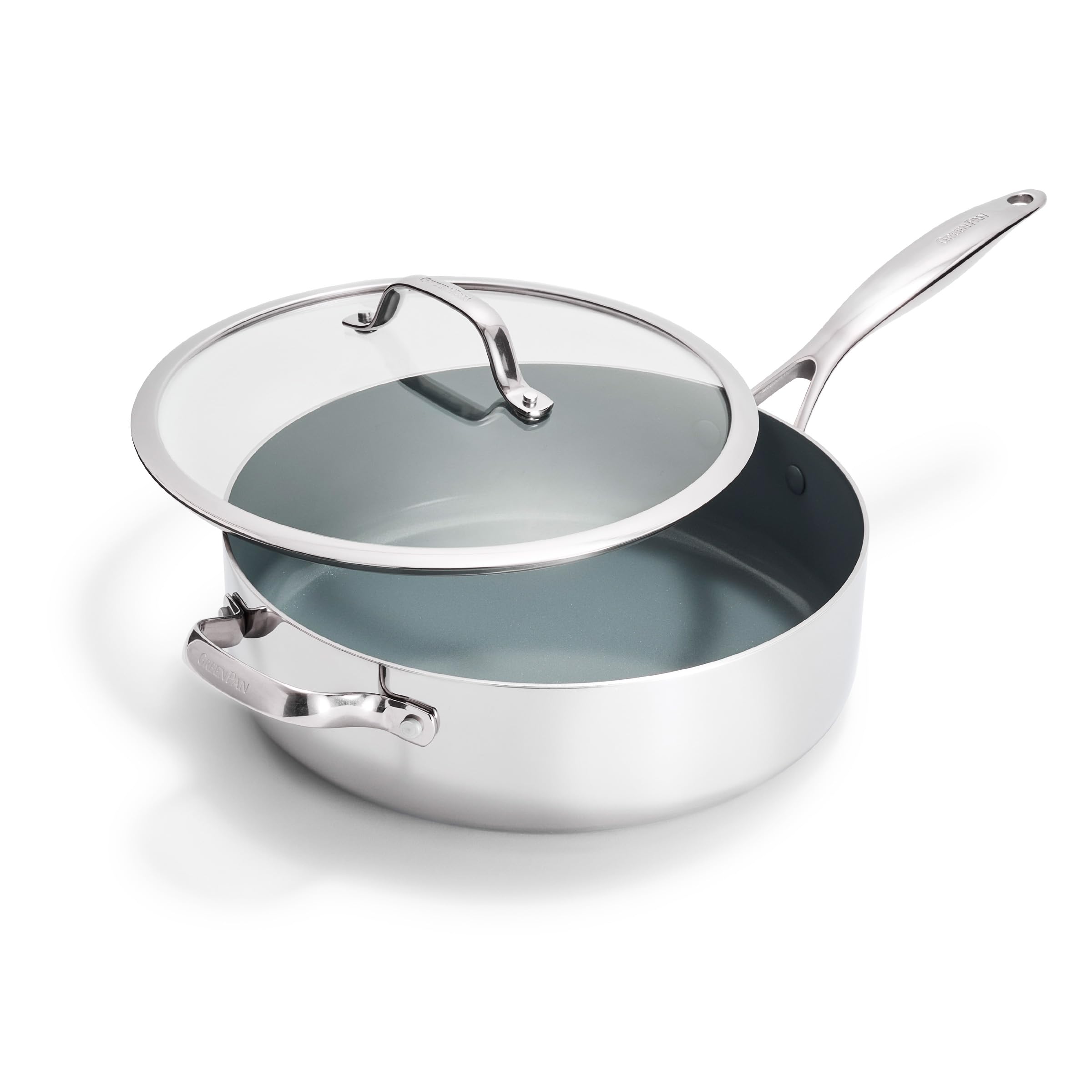 GreenPan Valencia Pro Tri-Ply Stainless Steel 5QT Sauté Pan with Lid, PFAS-Free Ceramic Nonstick Coating, Induction Ready Cookware, All Cooktops, Deep Jumbo Cooker, Dishwasher & Oven Safe to 600F
