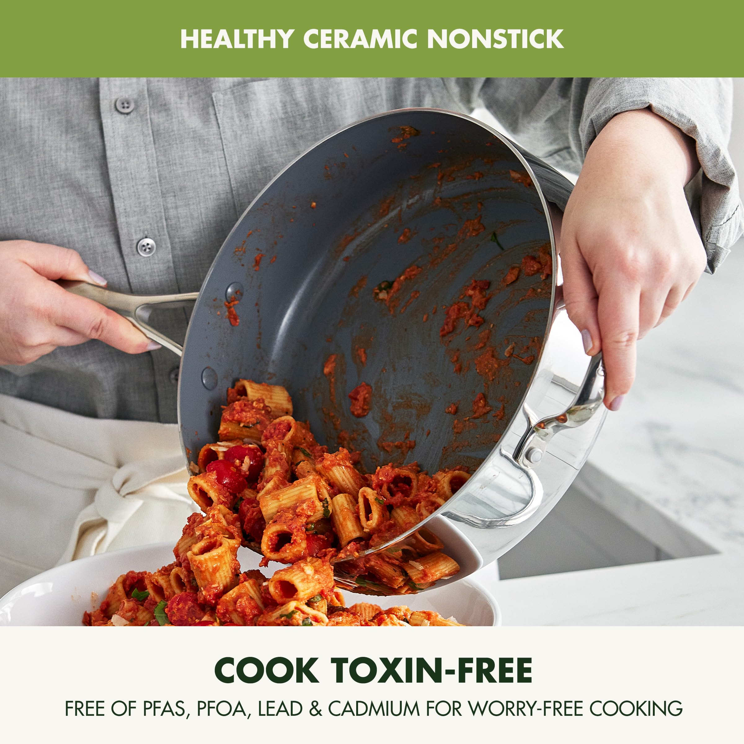 GreenPan Valencia Pro Tri-Ply Stainless Steel 5QT Sauté Pan with Lid, PFAS-Free Ceramic Nonstick Coating, Induction Ready Cookware, All Cooktops, Deep Jumbo Cooker, Dishwasher & Oven Safe to 600F thumbnail