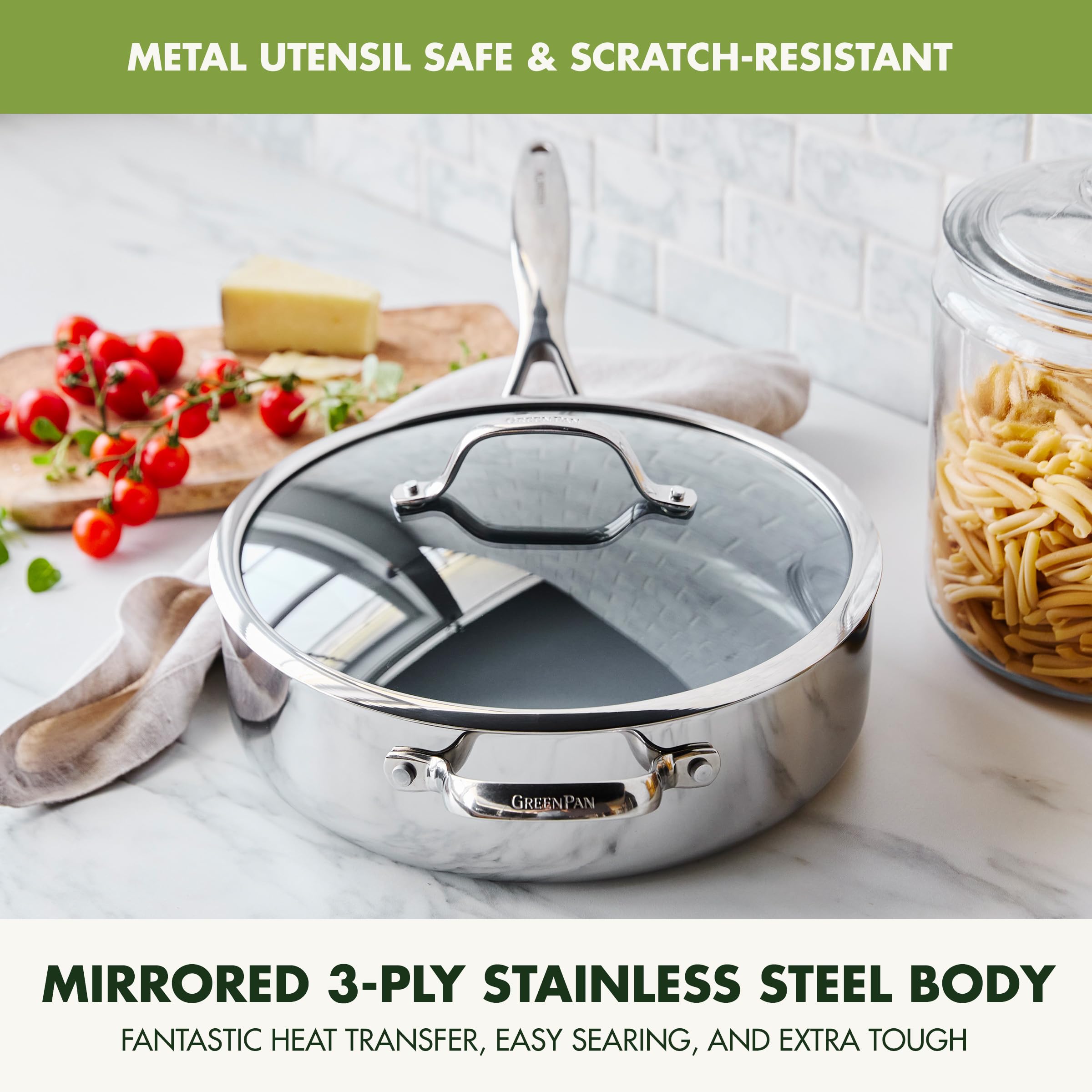 GreenPan Valencia Pro Tri-Ply Stainless Steel 5QT Sauté Pan with Lid, PFAS-Free Ceramic Nonstick Coating, Induction Ready Cookware, All Cooktops, Deep Jumbo Cooker, Dishwasher & Oven Safe to 600F thumbnail