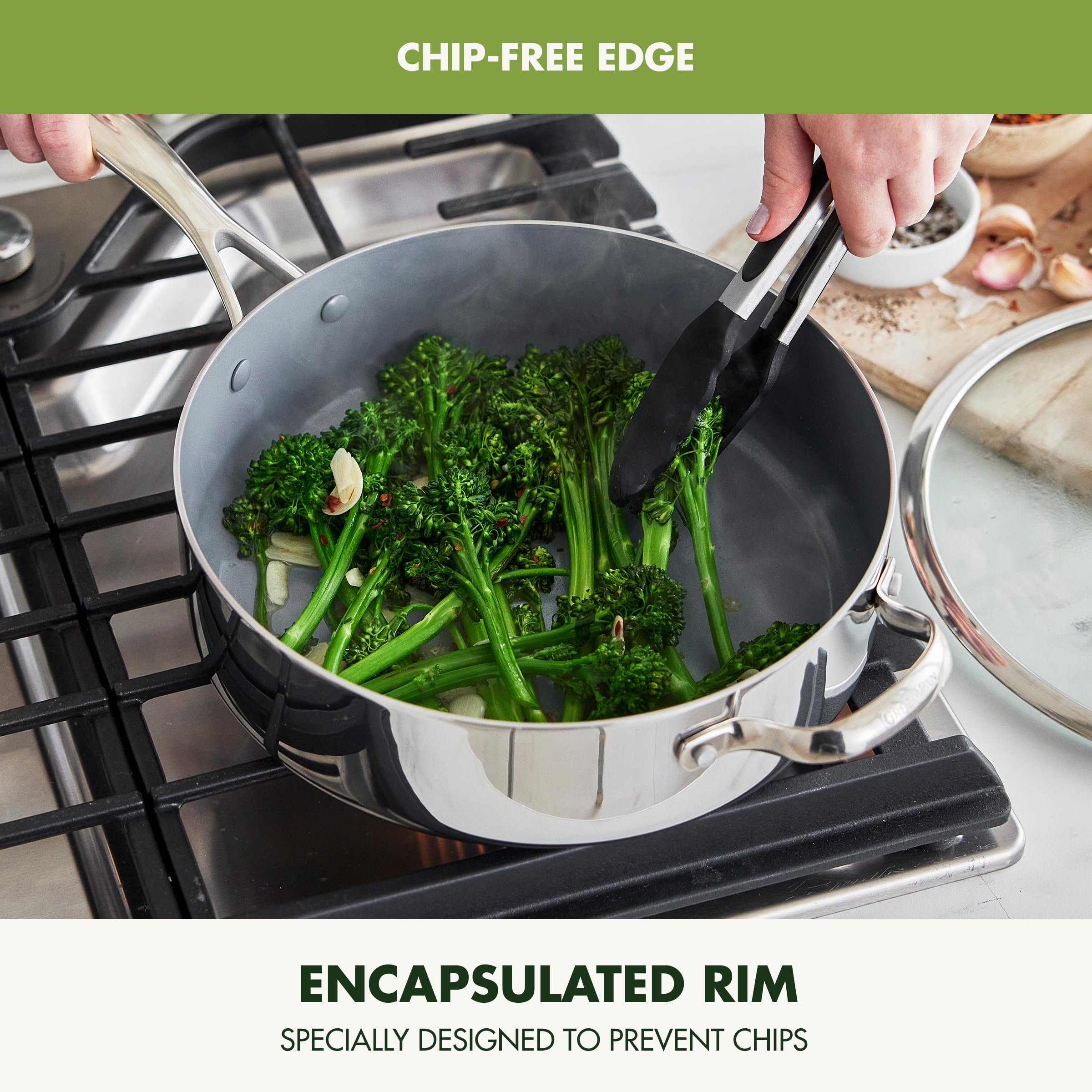 GreenPan Valencia Pro Tri-Ply Stainless Steel 5QT Sauté Pan with Lid, PFAS-Free Ceramic Nonstick Coating, Induction Ready Cookware, All Cooktops, Deep Jumbo Cooker, Dishwasher & Oven Safe to 600F thumbnail