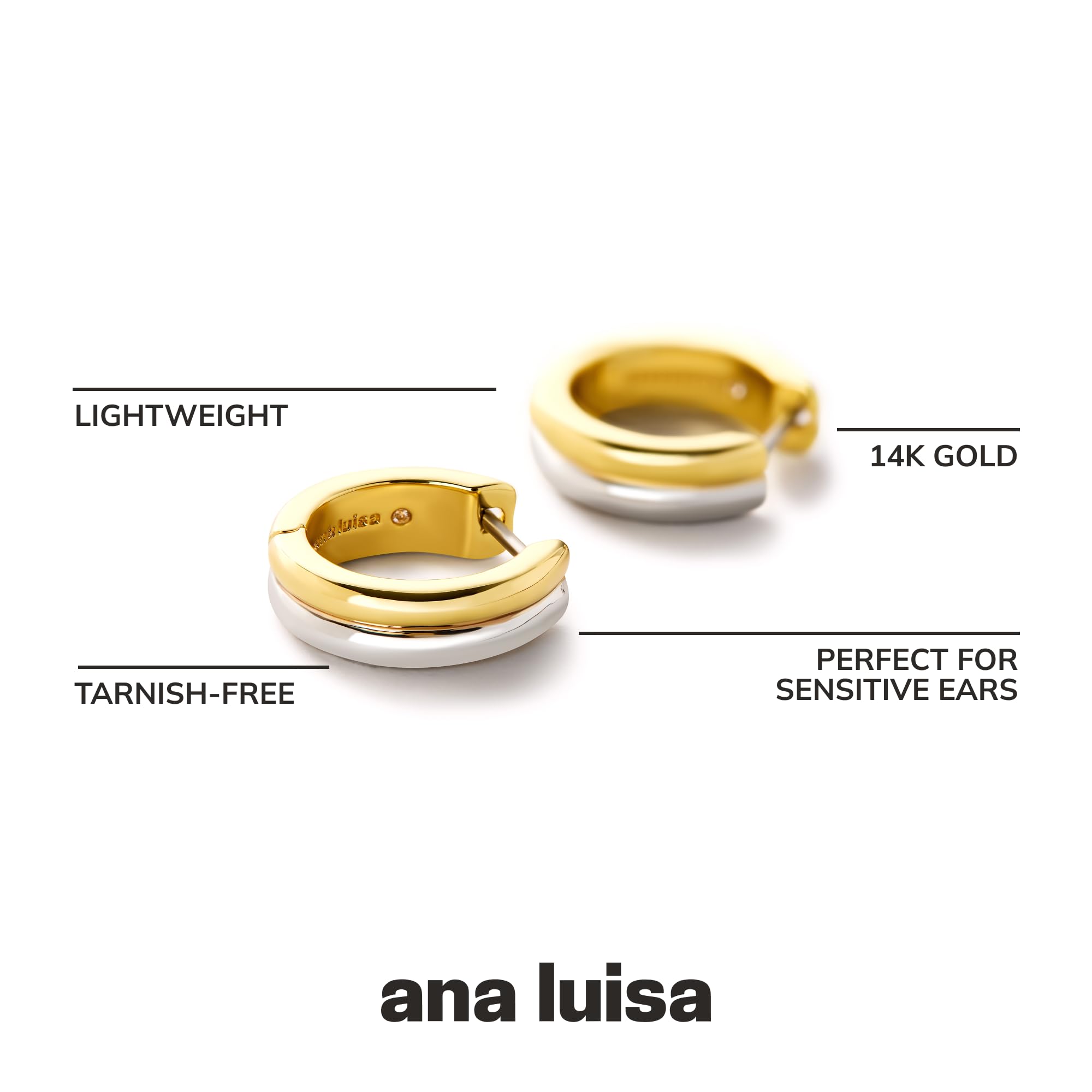 Ana Luisa Asher Small Huggie Hoop Earrings for Women - 14K Gold Plated, Silver Rhodium Plated and Two Tone Styles - Hypoallergenic, Tarnish-Free - Ana Luisa Jewelry - Stylish Gold Hoop Earrings thumbnail