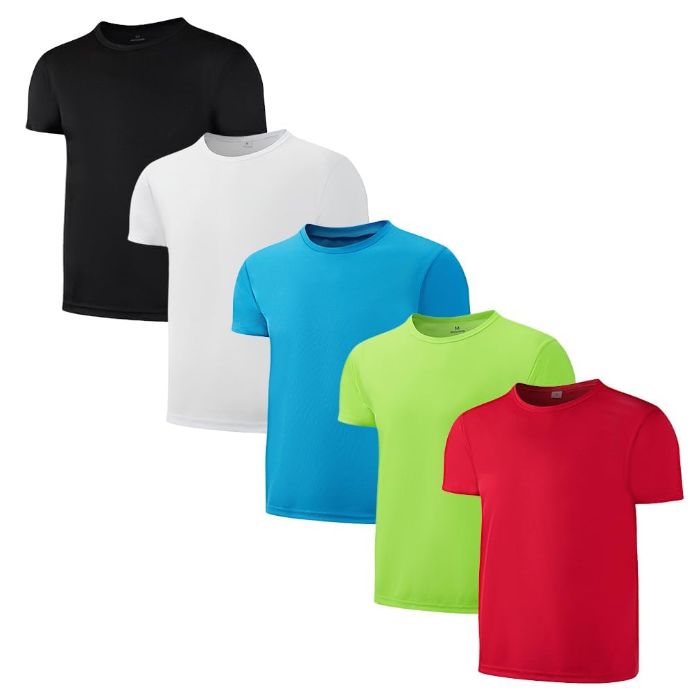 5 Pack Quick Dry Boys T Shirts Mesh Athletic Kids Shirts for Teen Age 4-15 | 100% Polyester Short Sleeve Boys Shirts,Moisture Wicking Shirts for Boys,Crew Neck Kids TShirts,Performance Youth Shirts