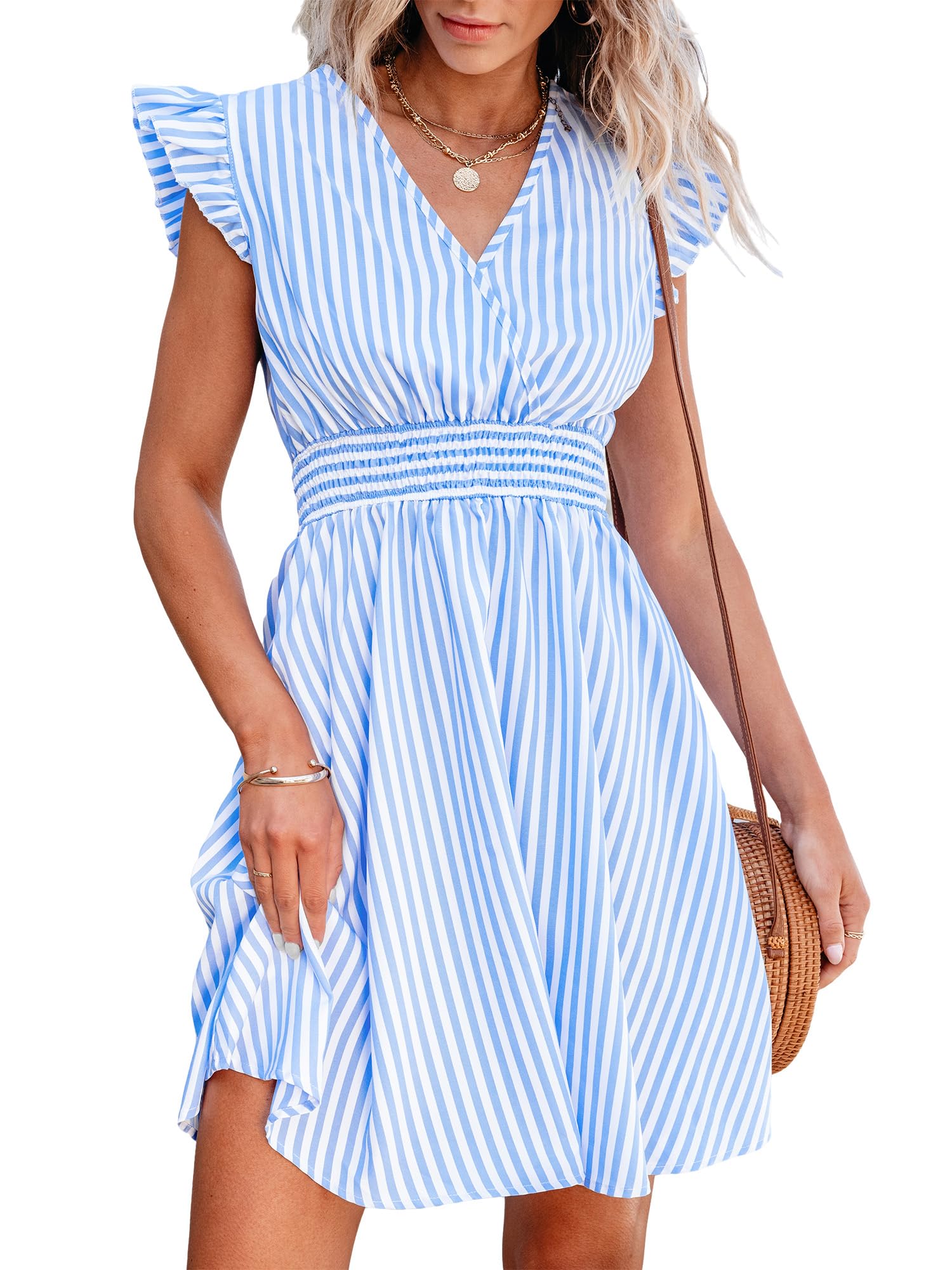 CUPSHE Women's Mini Dress V Neck Flutter Sleeve Striped Smocked Waist A Line Short Summer Cocktail Dress