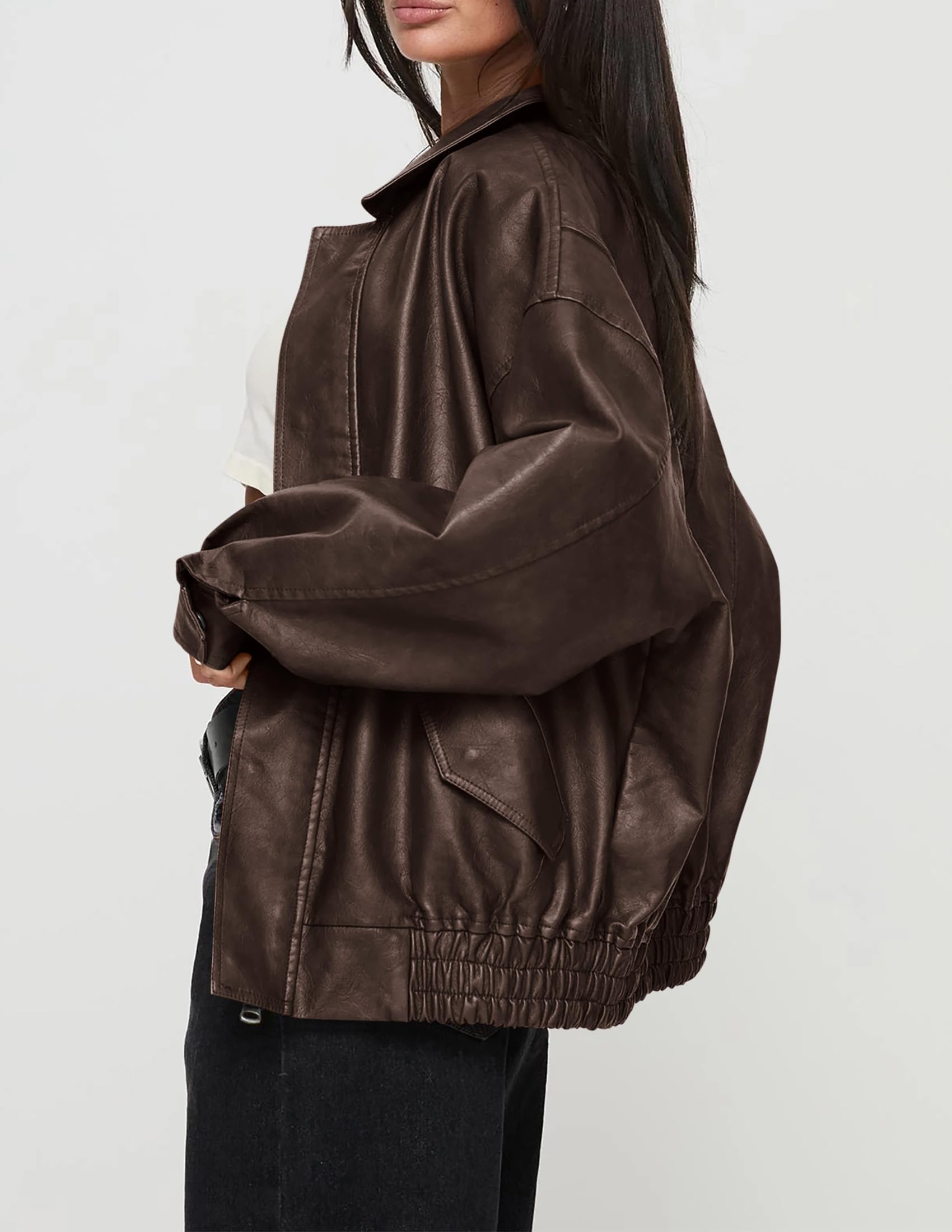 PRETTYGARDEN Women's Faux Leather Motorcycle Jacket Trendy Fall Spring Clothes Oversized Zip Up Winter Coat Outerwear thumbnail