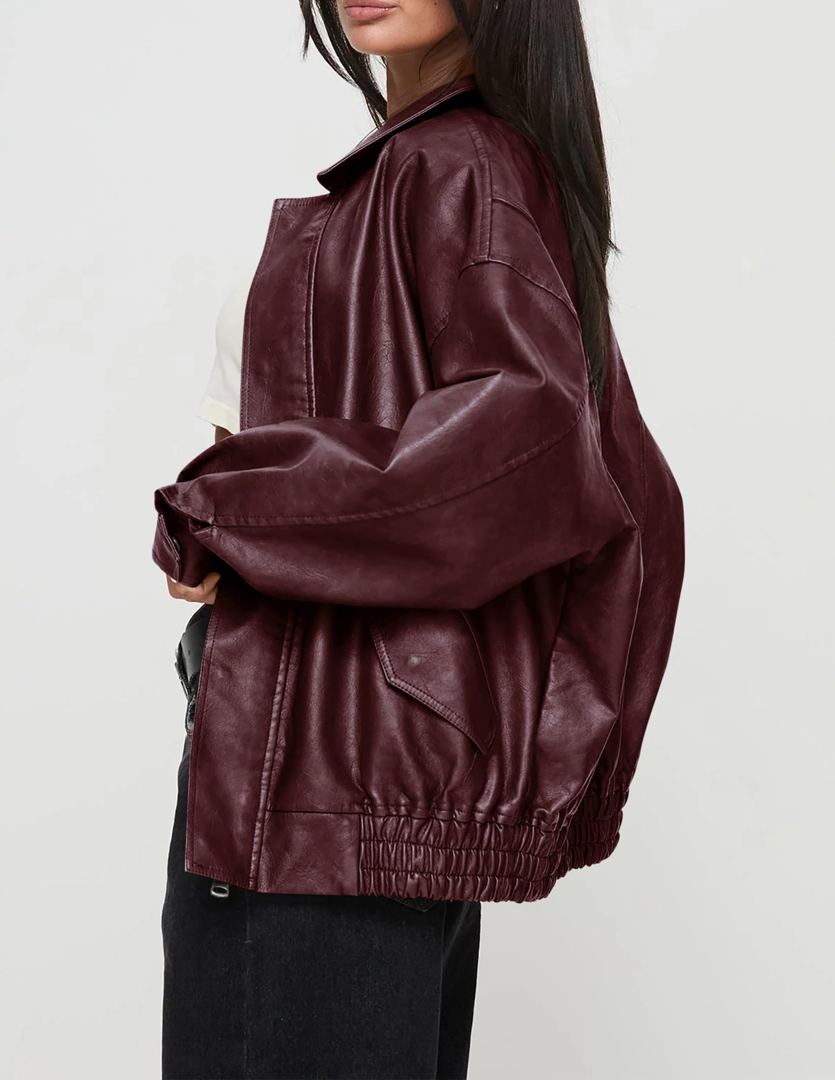 PRETTYGARDEN Women's Faux Leather Motorcycle Jacket Trendy Fall Spring Clothes Oversized Zip Up Winter Coat Outerwear thumbnail