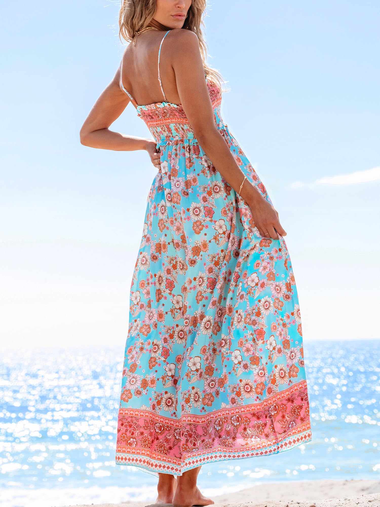 CUPSHE Women Spaghetti Straps Boho Maxi Dress Summer Sleeveless Smocked Floral Beach Long Dress Flowy Cruise Vacation Outfits thumbnail
