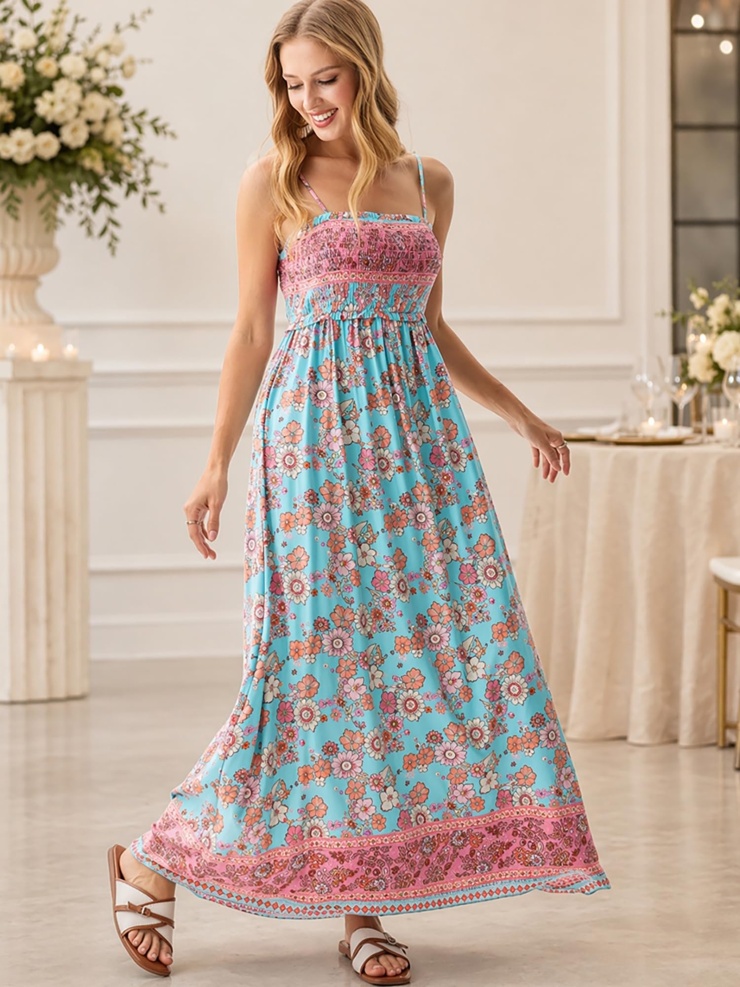 CUPSHE Women Spaghetti Straps Boho Maxi Dress Summer Sleeveless Smocked Floral Beach Long Dress Flowy Cruise Vacation Outfits thumbnail