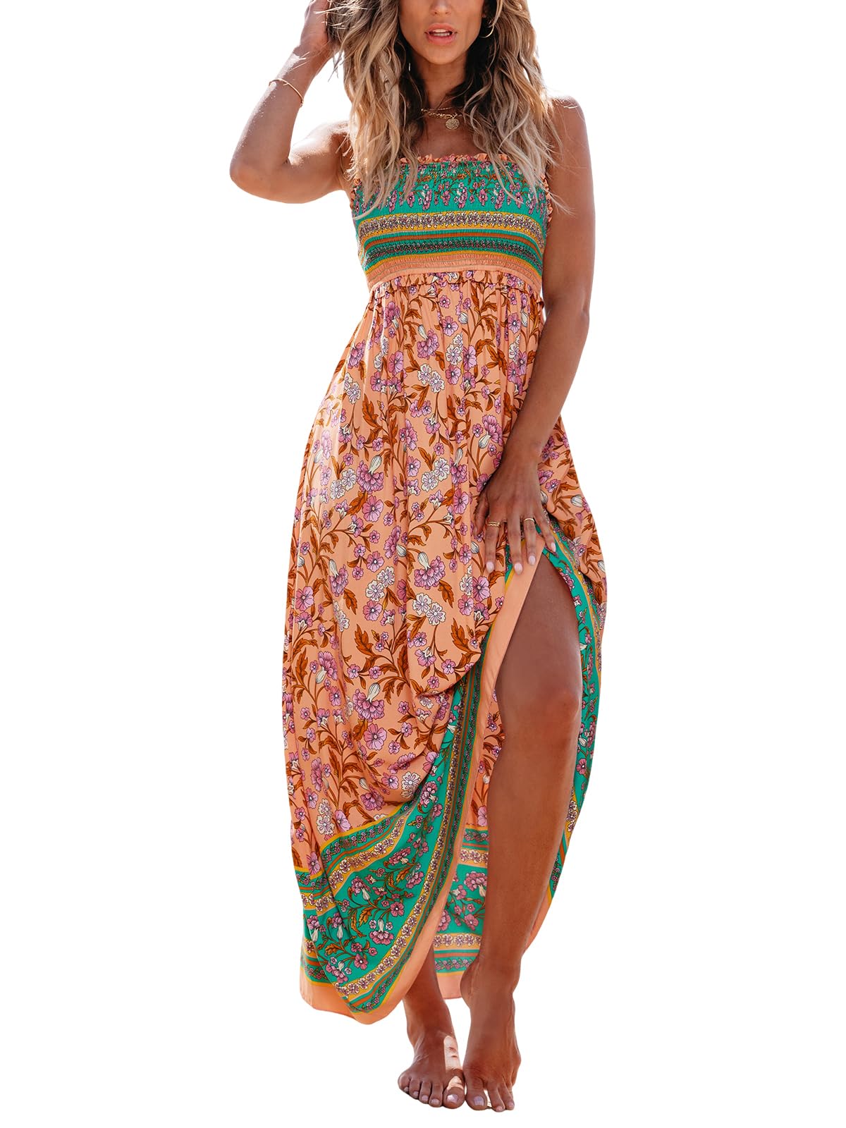 CUPSHE Women Spaghetti Straps Boho Maxi Dress Summer Sleeveless Smocked Floral Beach Long Dress Flowy Cruise Vacation Outfits thumbnail