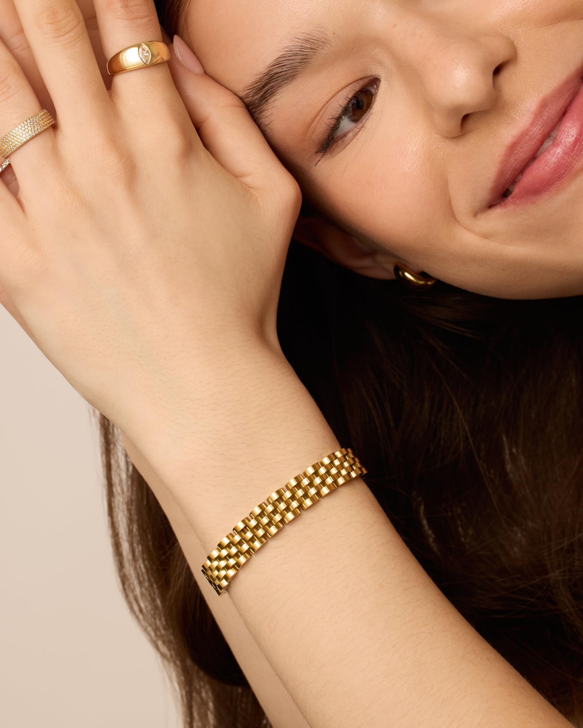 PAVOI 14K Gold Plated Waterproof Watch Strap Chain Bracelet for Women | Two Toned Mixed Metals Stainless Steel Chunky Link Bracelet thumbnail