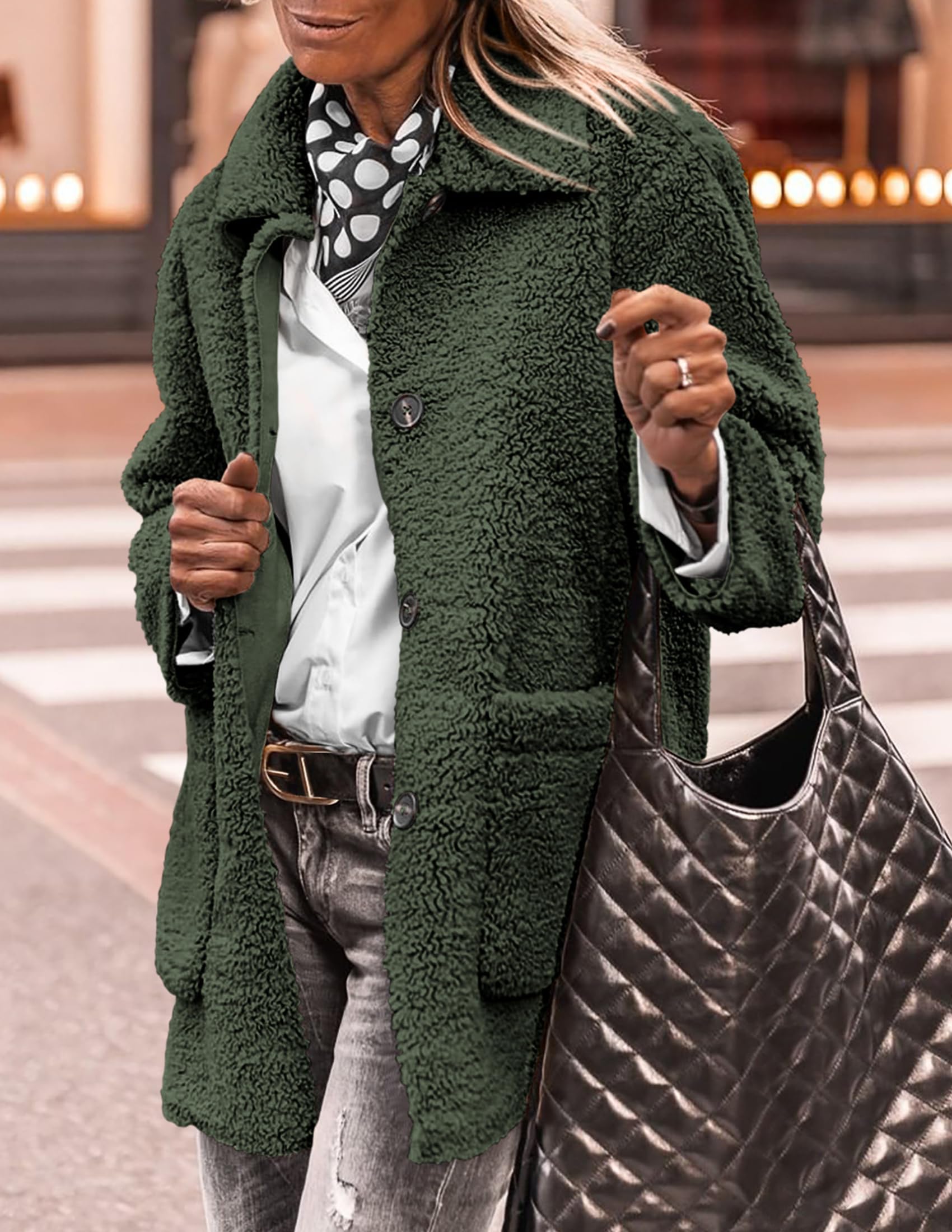 PRETTYGARDEN Women's Winter Faux Fur Coats Long Sleeve Lapel Button Down Pockets Fleece Sherpa Jacket Casual Trendy Outerwear thumbnail