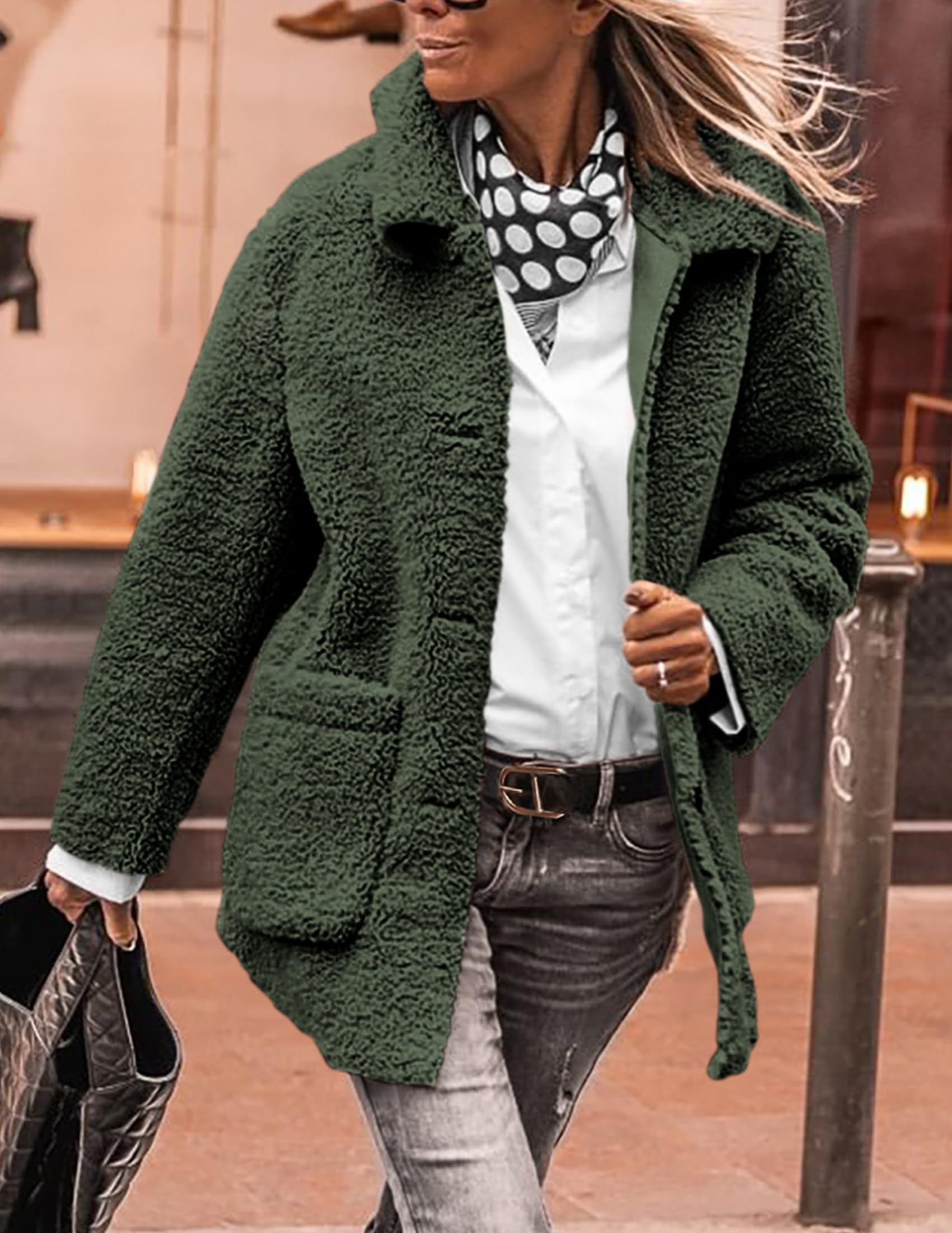 PRETTYGARDEN Women's Winter Faux Fur Coats Long Sleeve Lapel Button Down Pockets Fleece Sherpa Jacket Casual Trendy Outerwear thumbnail