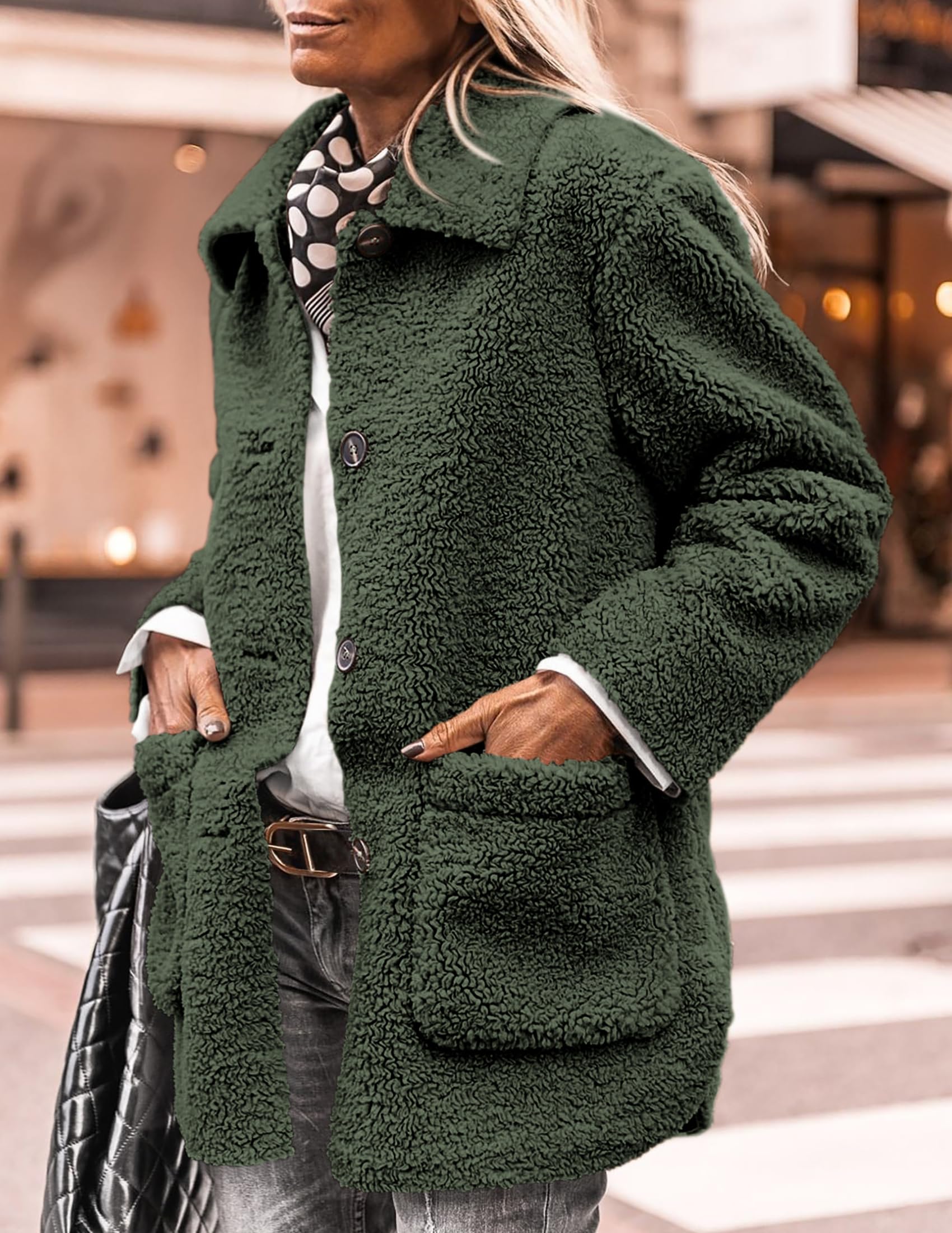 PRETTYGARDEN Women's Winter Faux Fur Coats Long Sleeve Lapel Button Down Pockets Fleece Sherpa Jacket Casual Trendy Outerwear thumbnail