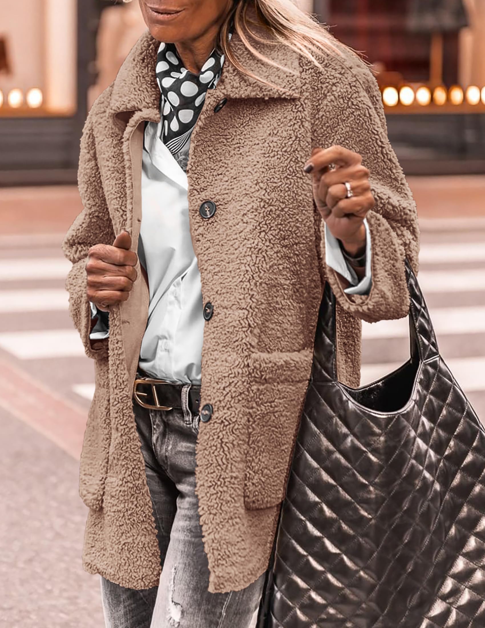 PRETTYGARDEN Women's Winter Faux Fur Coats Long Sleeve Lapel Button Down Pockets Fleece Sherpa Jacket Casual Trendy Outerwear thumbnail