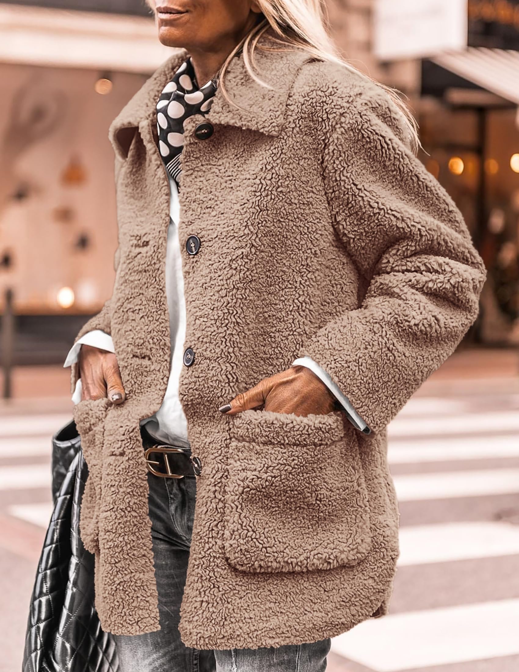 PRETTYGARDEN Women's Winter Faux Fur Coats Long Sleeve Lapel Button Down Pockets Fleece Sherpa Jacket Casual Trendy Outerwear thumbnail