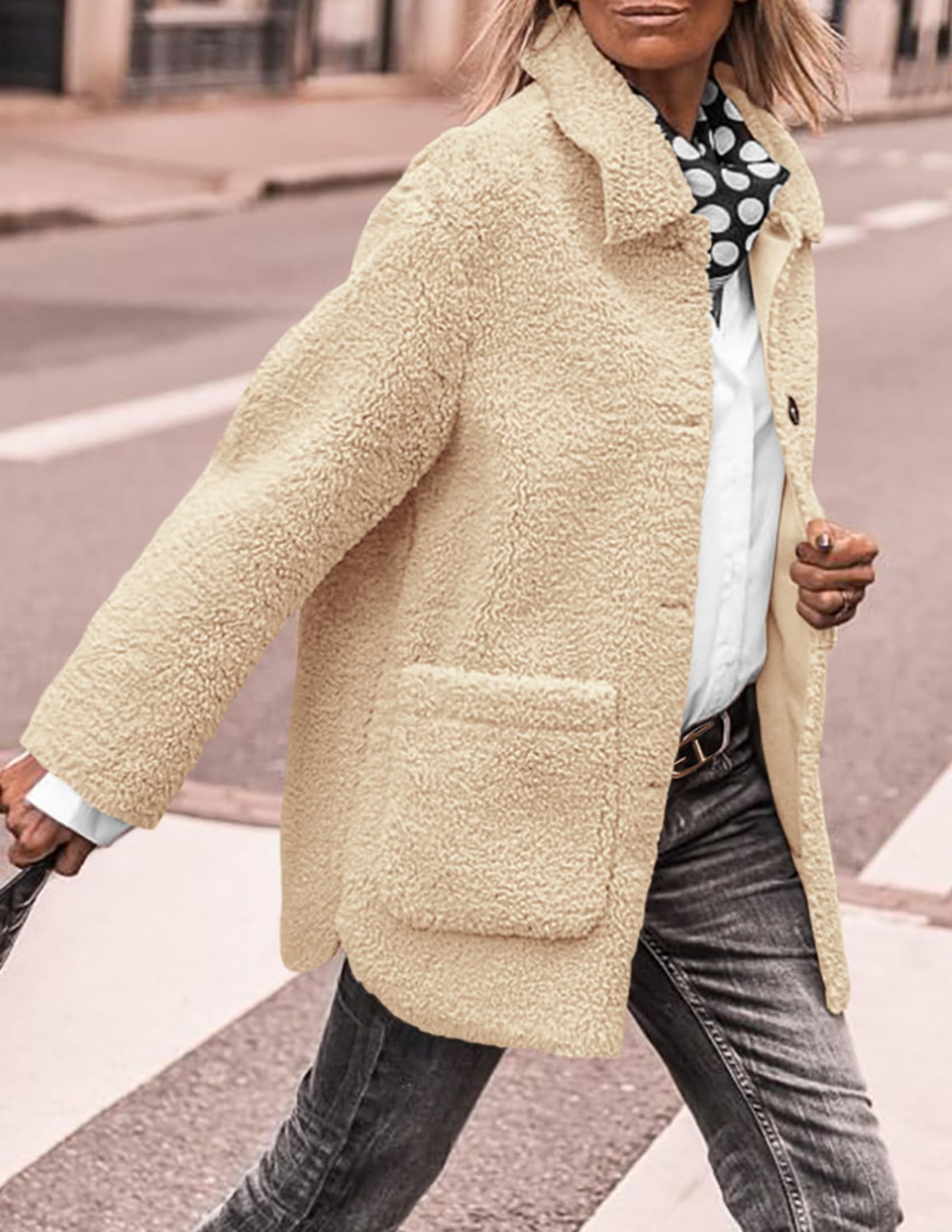 PRETTYGARDEN Women's Winter Faux Fur Coats Long Sleeve Lapel Button Down Pockets Fleece Sherpa Jacket Casual Trendy Outerwear thumbnail