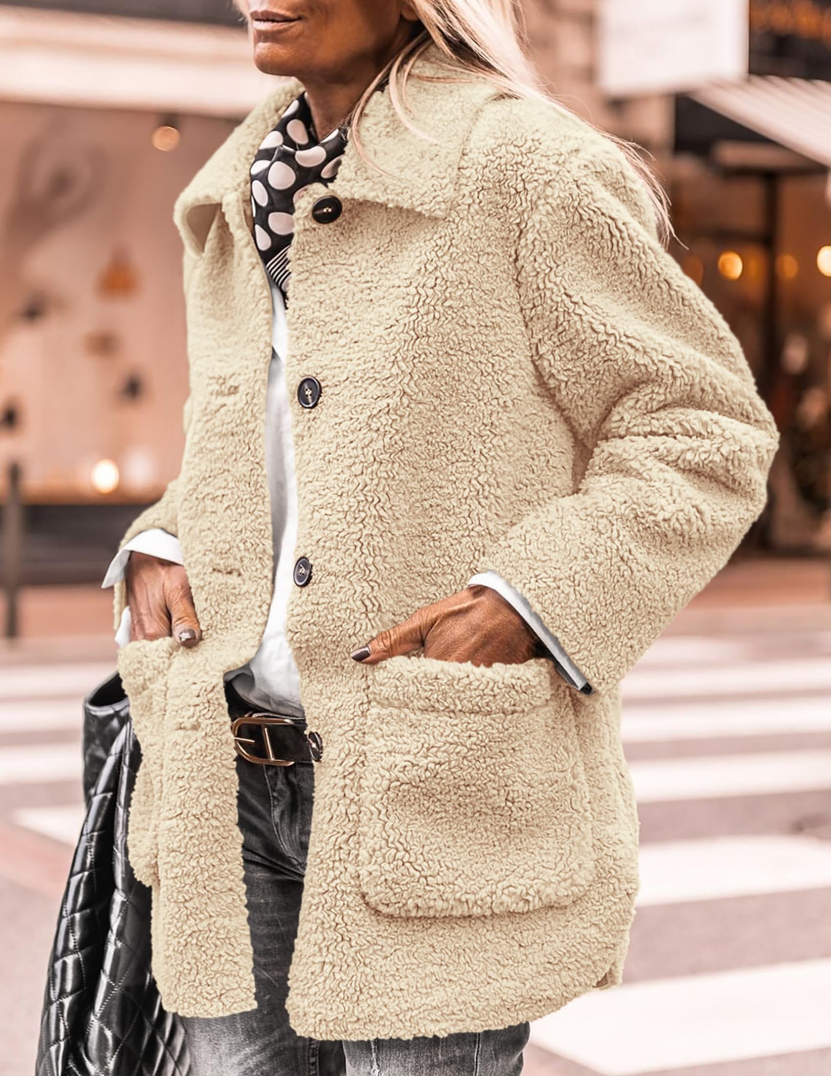 PRETTYGARDEN Women's Winter Faux Fur Coats Long Sleeve Lapel Button Down Pockets Fleece Sherpa Jacket Casual Trendy Outerwear thumbnail