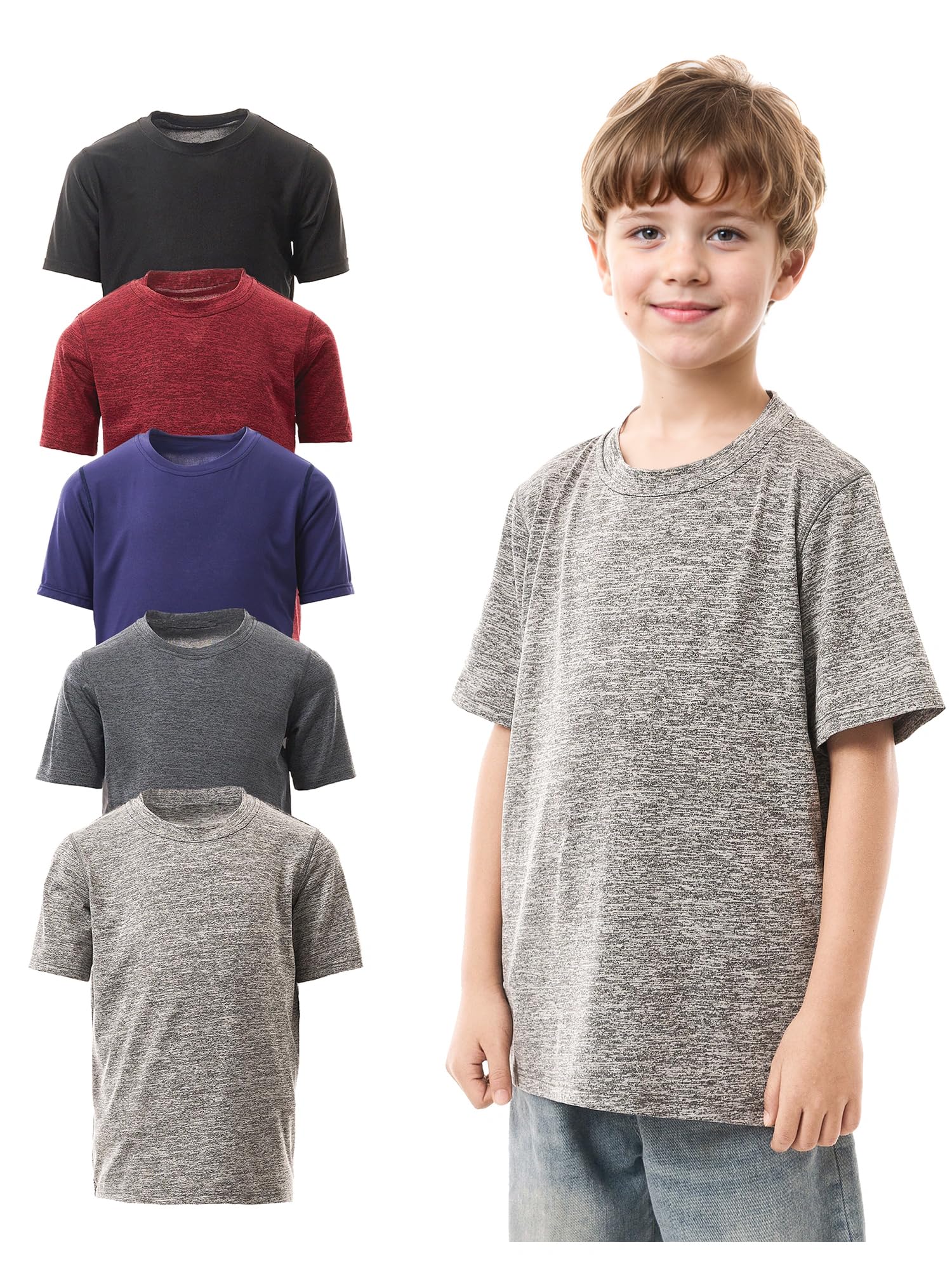 5 Pack Youth Dry-Fit T-Shirts Wicking Active Athletic Short Sleeve Tee for Kid Youth Teen 4-20