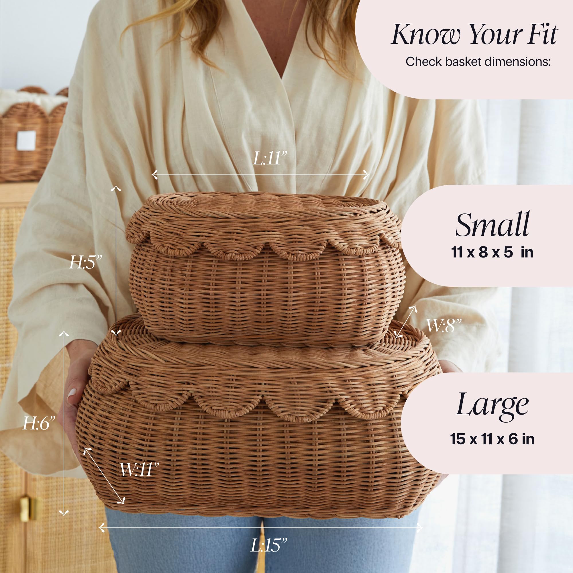 BEBE BASK The Original Scalloped Basket with Lid - Set of 2 (15x11x6 In) thumbnail