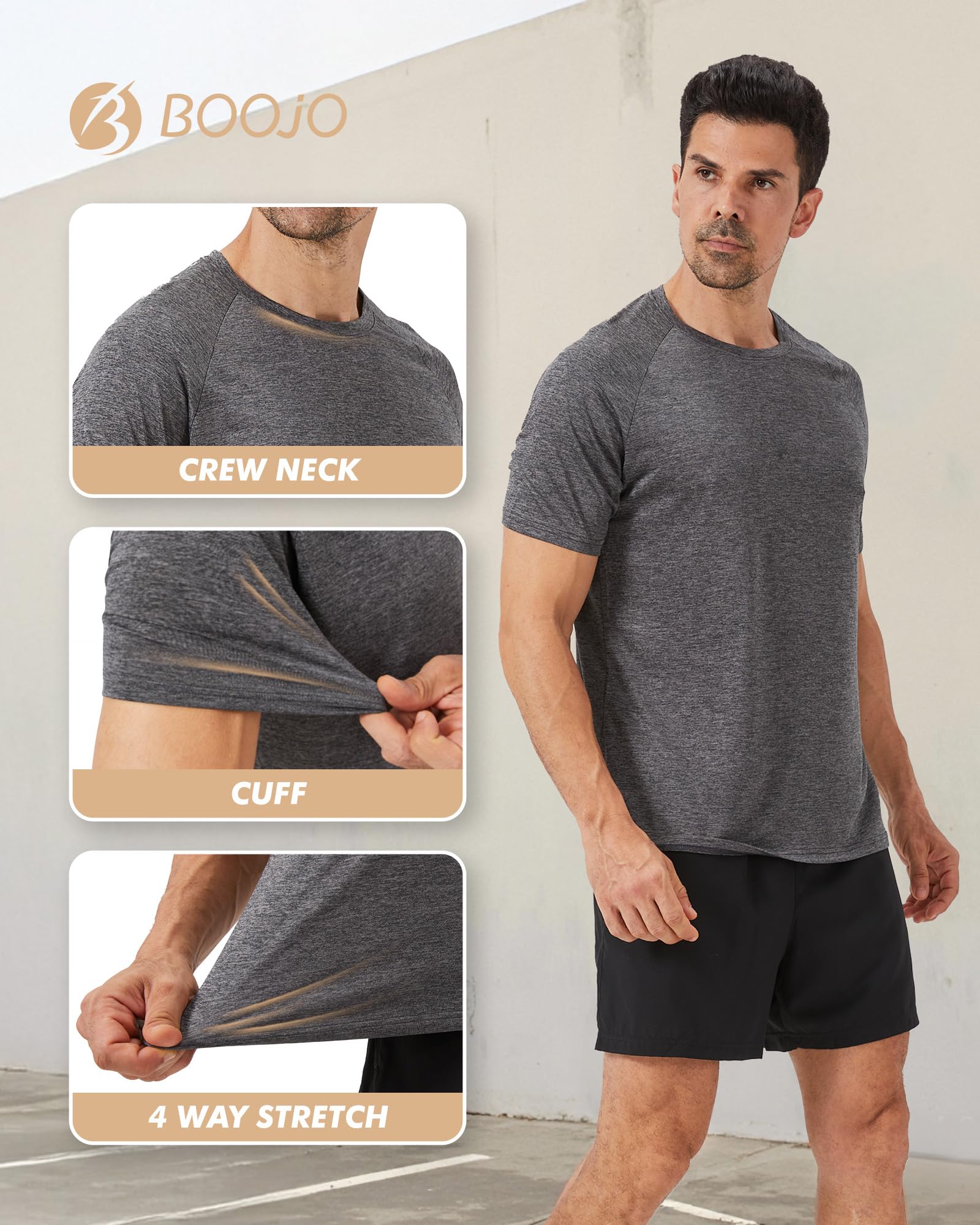 BOOJO 3 Pack Workout Mens Shirts - Quick Dry Causal Moisture Wicking Work Gym Athletic Short Sleeve for Running Sport Lounge thumbnail
