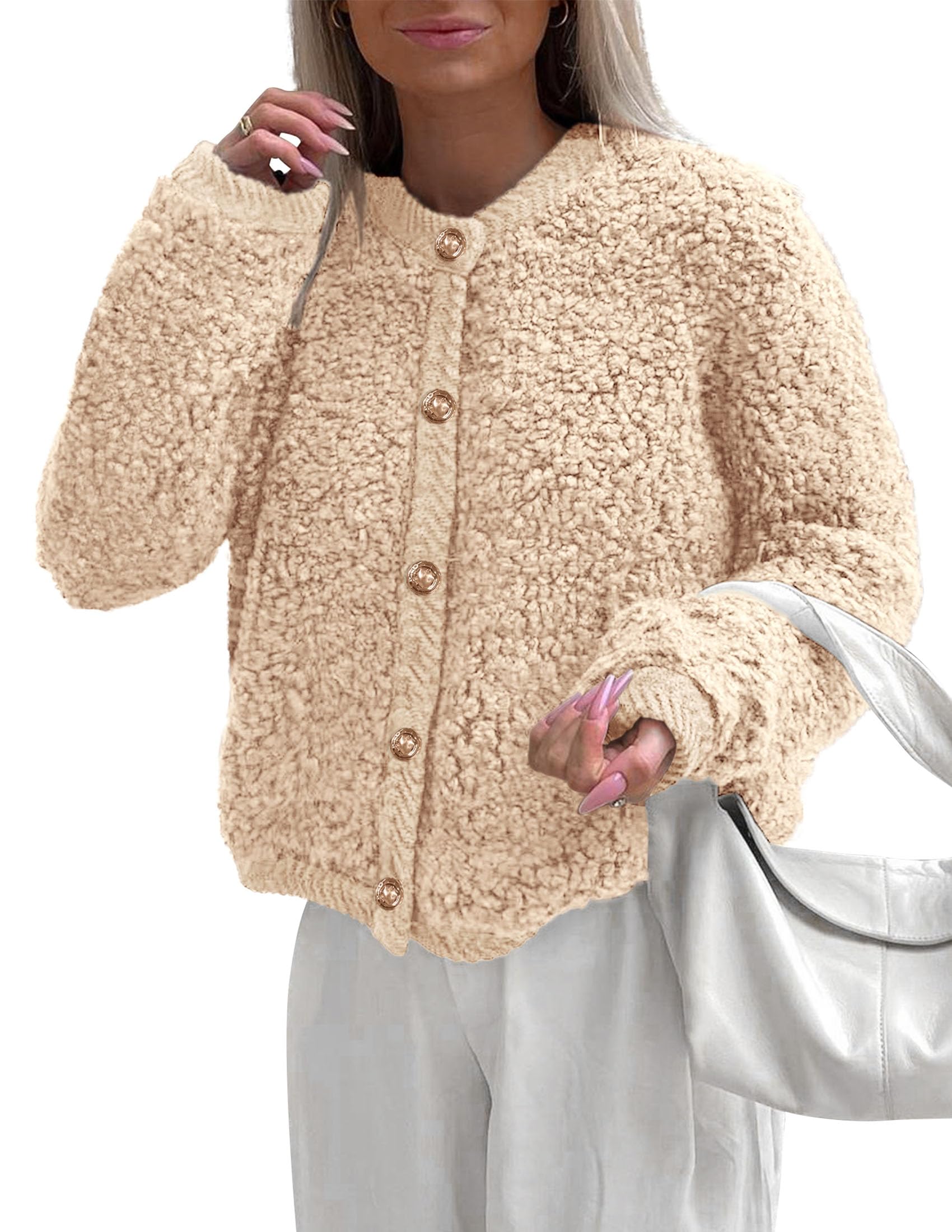 PRETTYGARDEN Women's Faux Fur Coat 2026 Fall Fuzzy Fleece Button up Shearling Cropped Jackets Winter Trendy Outerwear (Beige,Large)