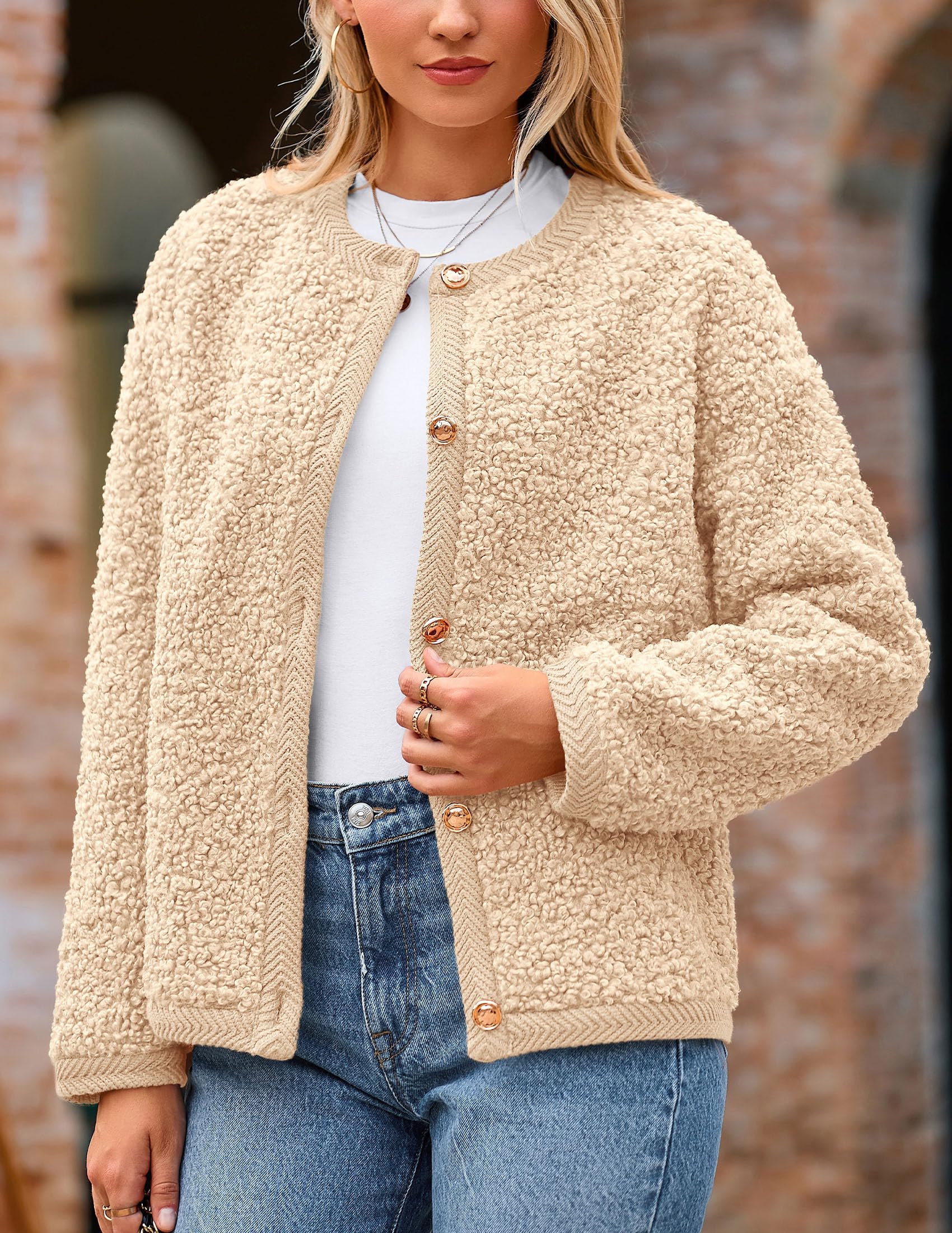 PRETTYGARDEN Women's Faux Fur Coat 2026 Fall Fuzzy Fleece Button up Shearling Cropped Jackets Winter Trendy Outerwear (Beige,Large) thumbnail