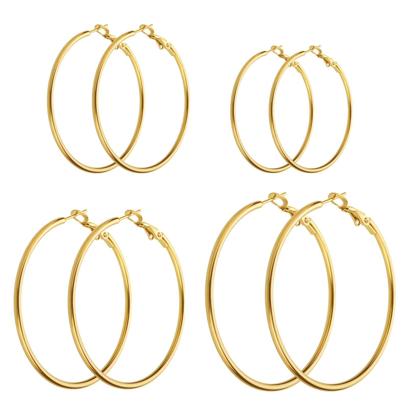 14K Gold Plated Stainless Steel Hoop Earrings - Hypoallergenic, Lightweight, 4 Pairs