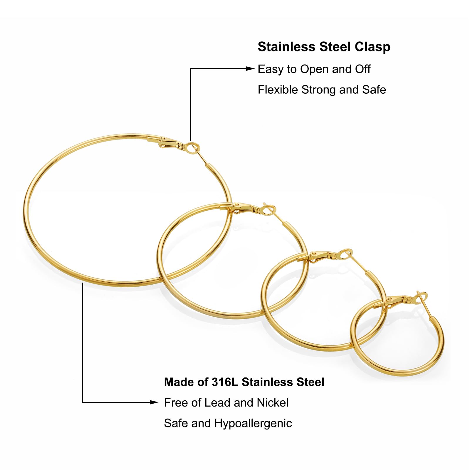 14K Gold Plated Stainless Steel Hoop Earrings - Hypoallergenic, Lightweight, 4 Pairs thumbnail