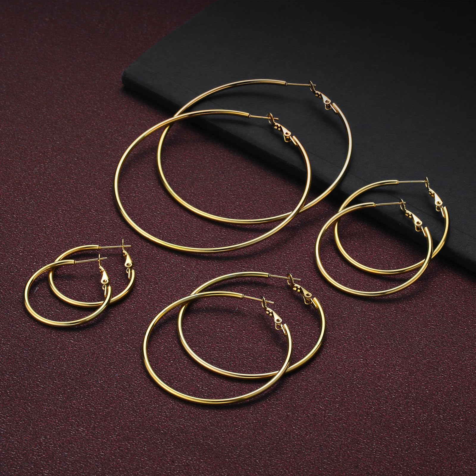 14K Gold Plated Stainless Steel Hoop Earrings - Hypoallergenic, Lightweight, 4 Pairs thumbnail