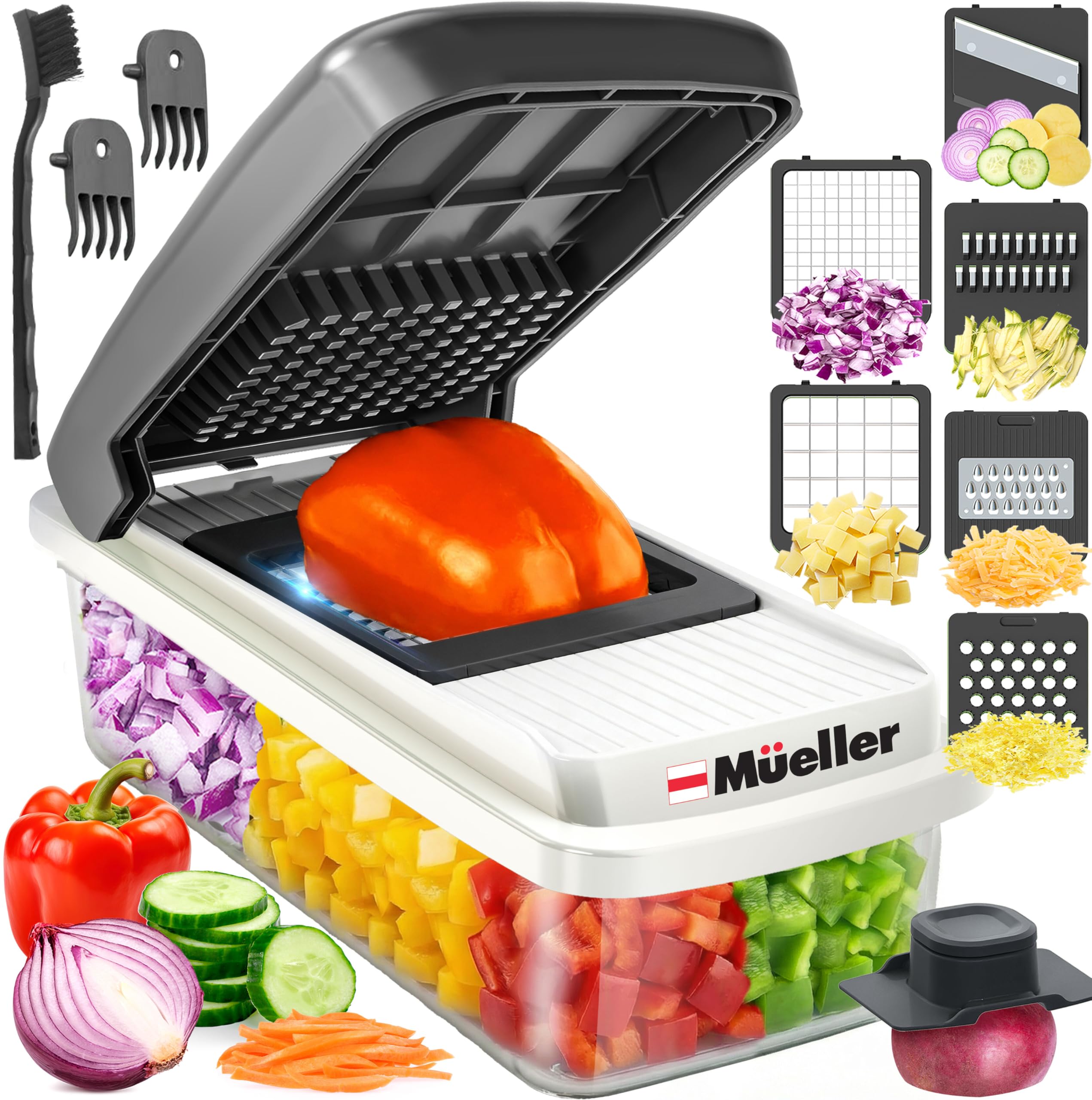 Mueller Vegetable Chopper Mandoline Slicer, Food, Cook's Tool, Veggie Chopper Onion Vegetable Cutter with Container, Dicer, Kitchen Gadgets & Essentials, White Sand/Grey