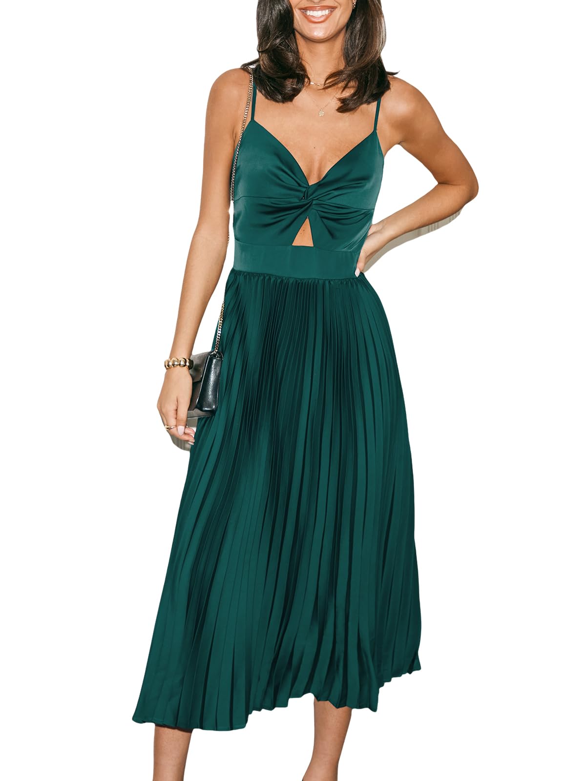 CUPSHE Midi Dress for Women 2026 Party Spaghetti Straps Sleeveless Pleated Cutout Formal Dress