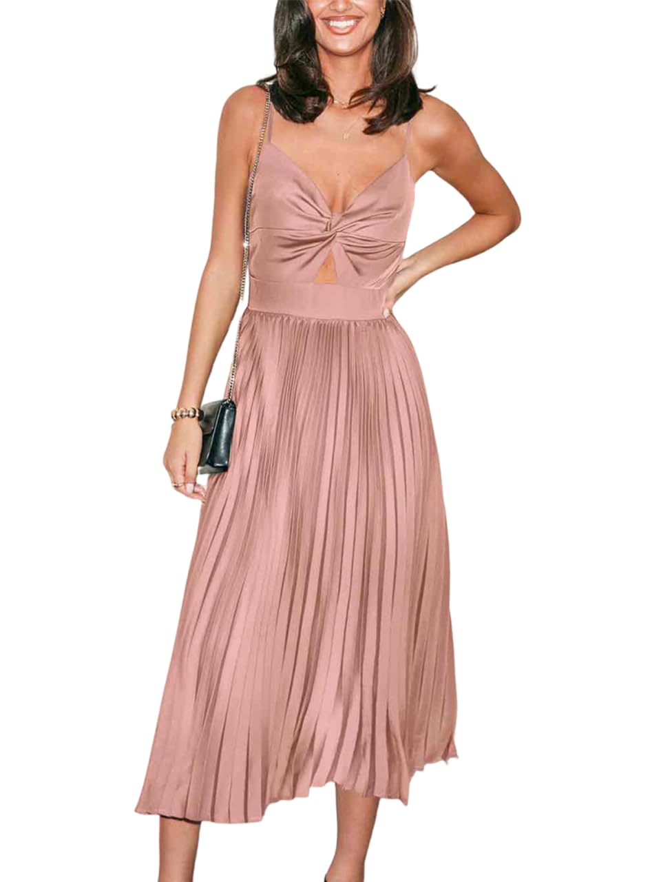 CUPSHE Midi Dress for Women 2026 Party Spaghetti Straps Sleeveless Pleated Cutout Formal Dress thumbnail
