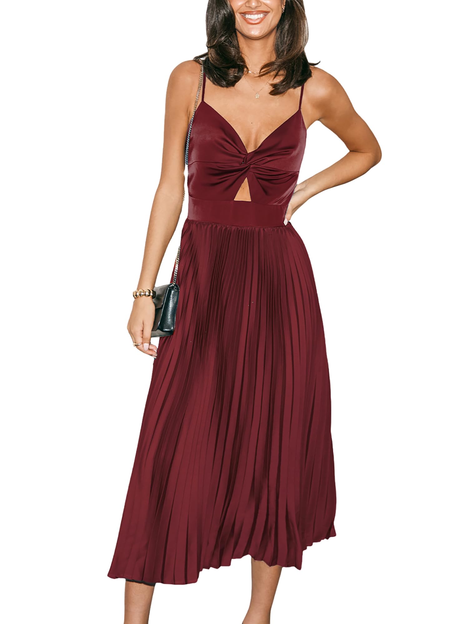CUPSHE Midi Dress for Women 2026 Party Spaghetti Straps Sleeveless Pleated Cutout Formal Dress thumbnail