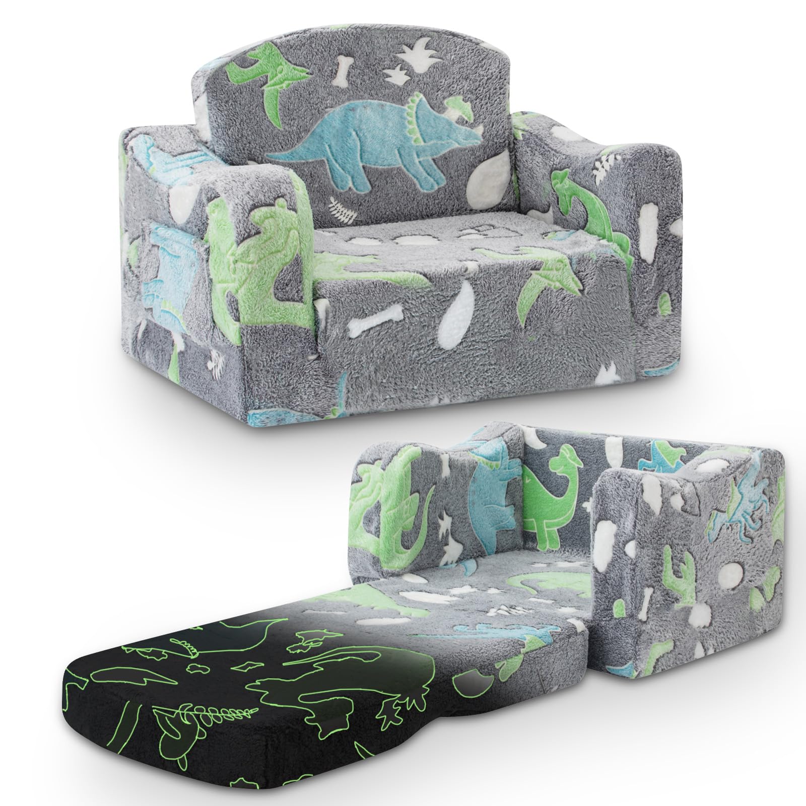 aodisman Thick Comfy Kids Chair and Couch,Foldable Plush Sofa with Pocket | 2-in-1 Convertible Kids Sofa for Playroom,Reading and Play,Gift for Boys & Girls,Removable Washable Cover,Gray Dinosaur